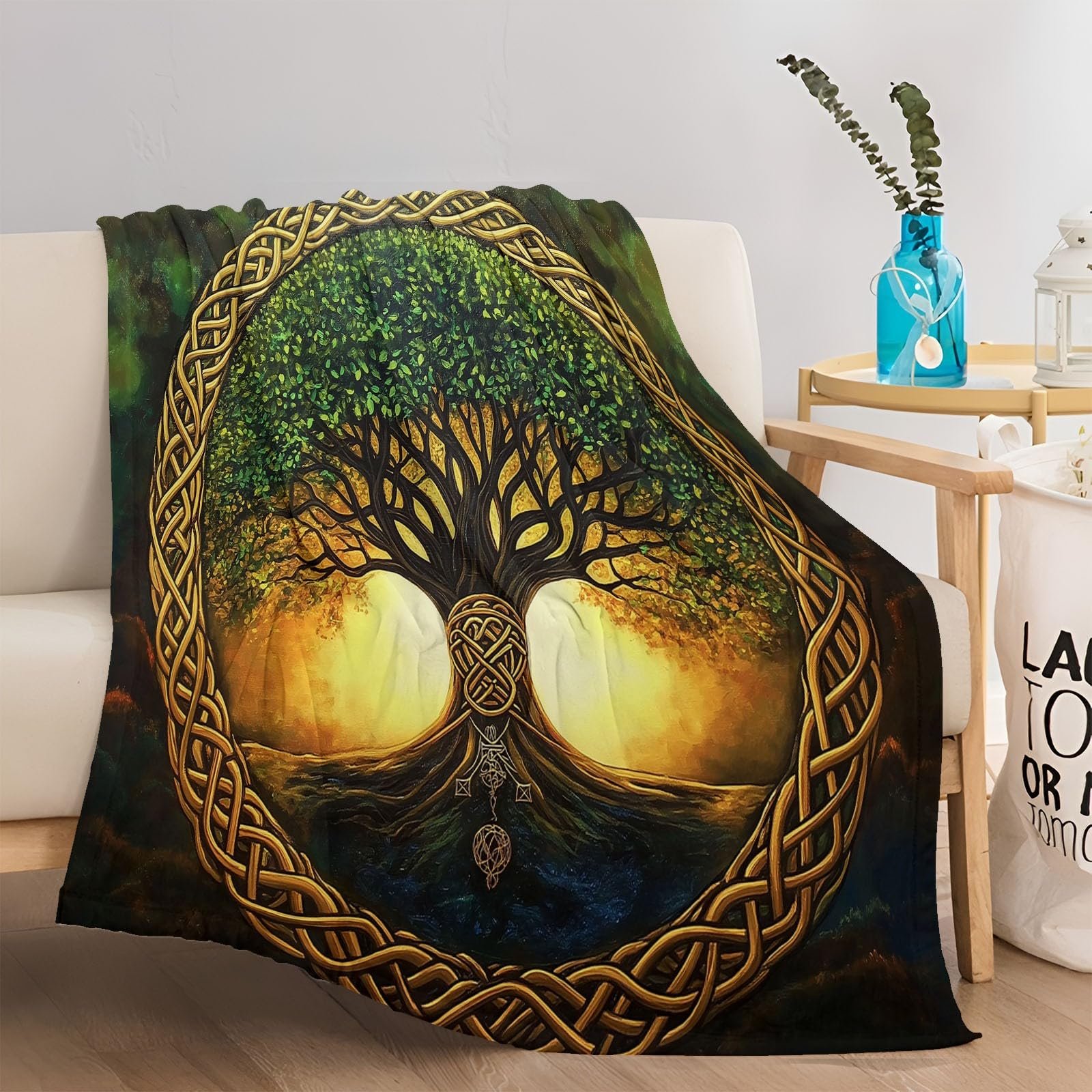 Флісова Покривало 180 x 220 см, Мінімалізм, Дерево Життя, Зелений, фото №4