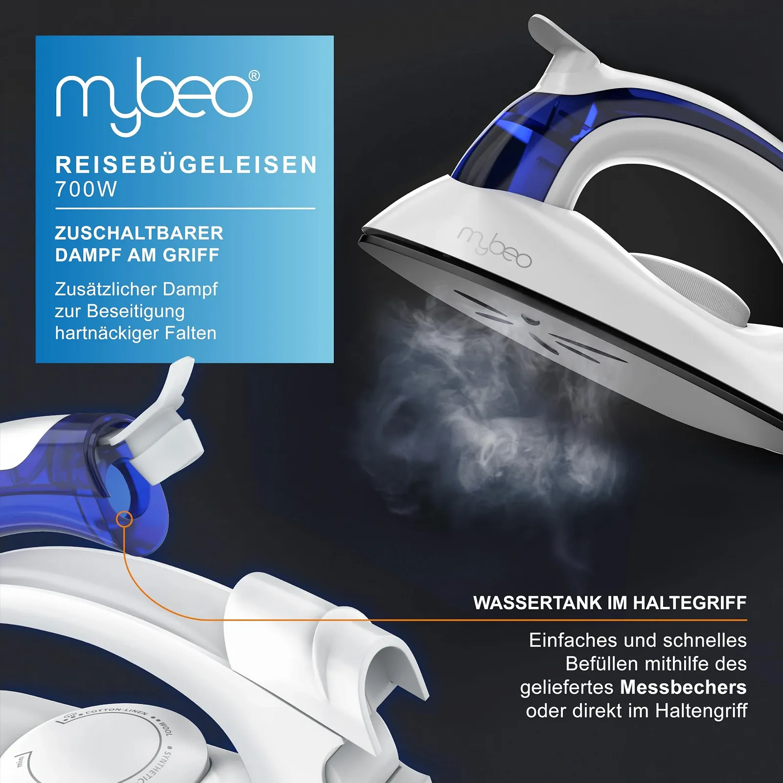 Дорожня парова праска MyBeo CSL-Computer Складана ручка Підошва з антипригарним покриттям 700 Вт, фото №4