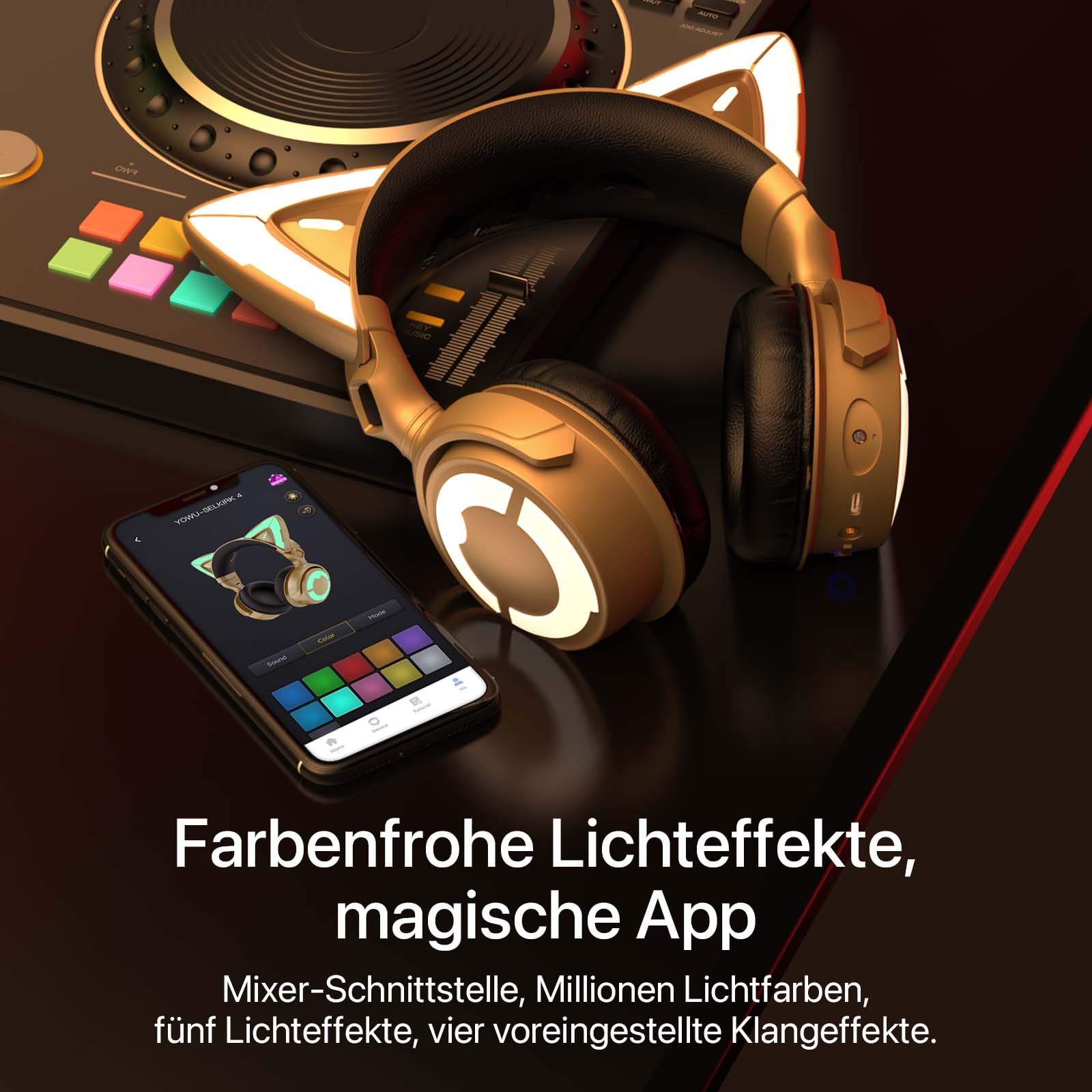 Наушники YOWU RGB Cat Ear 4 Беспроводной и проводной Игровая гарнитура Золотой, фото №6