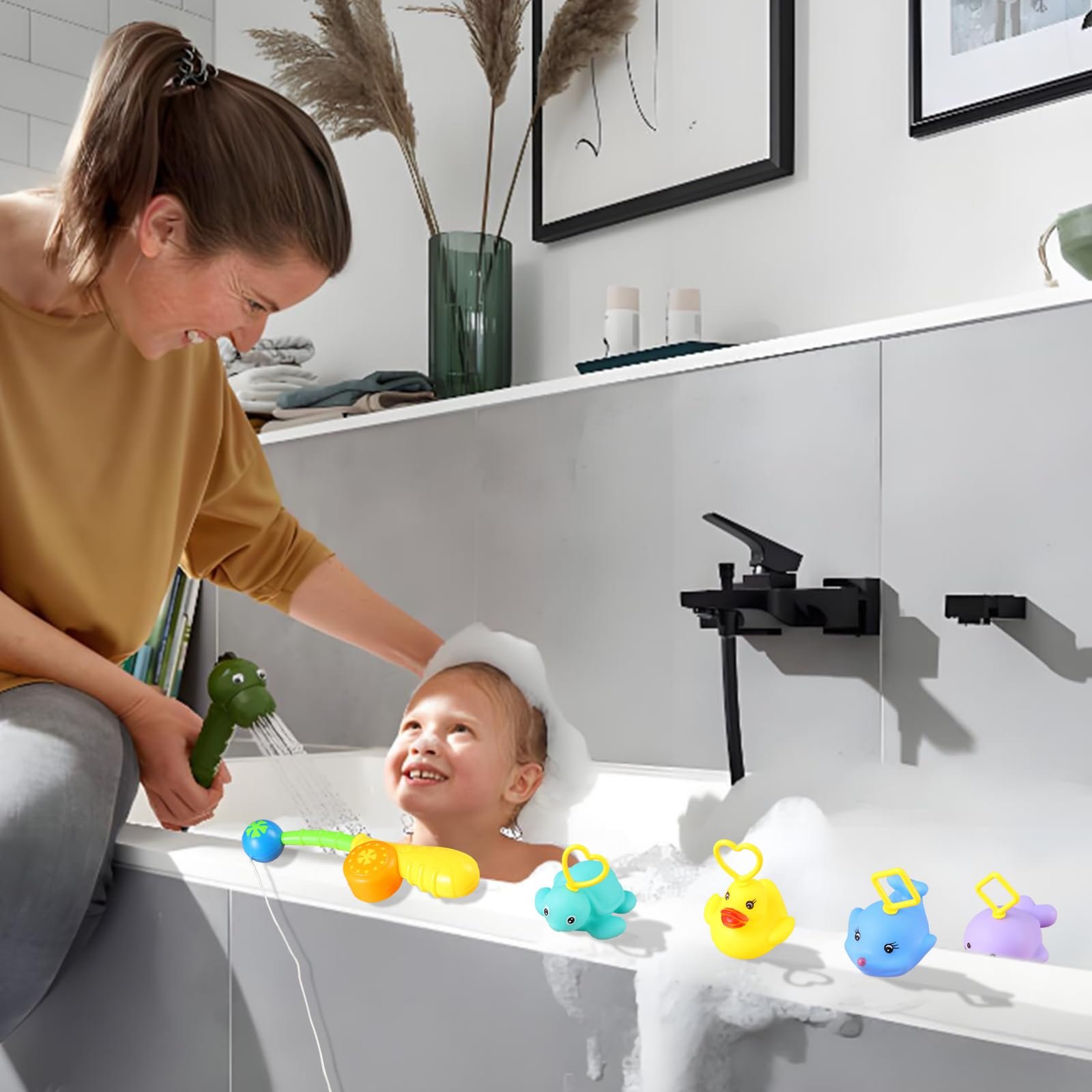 Іграшка для ванни Набір 8 шт (сачок, вудка, качка, черепаха, риба, морський лев, восьминіг, риба) Різнокольоровий, фото №6