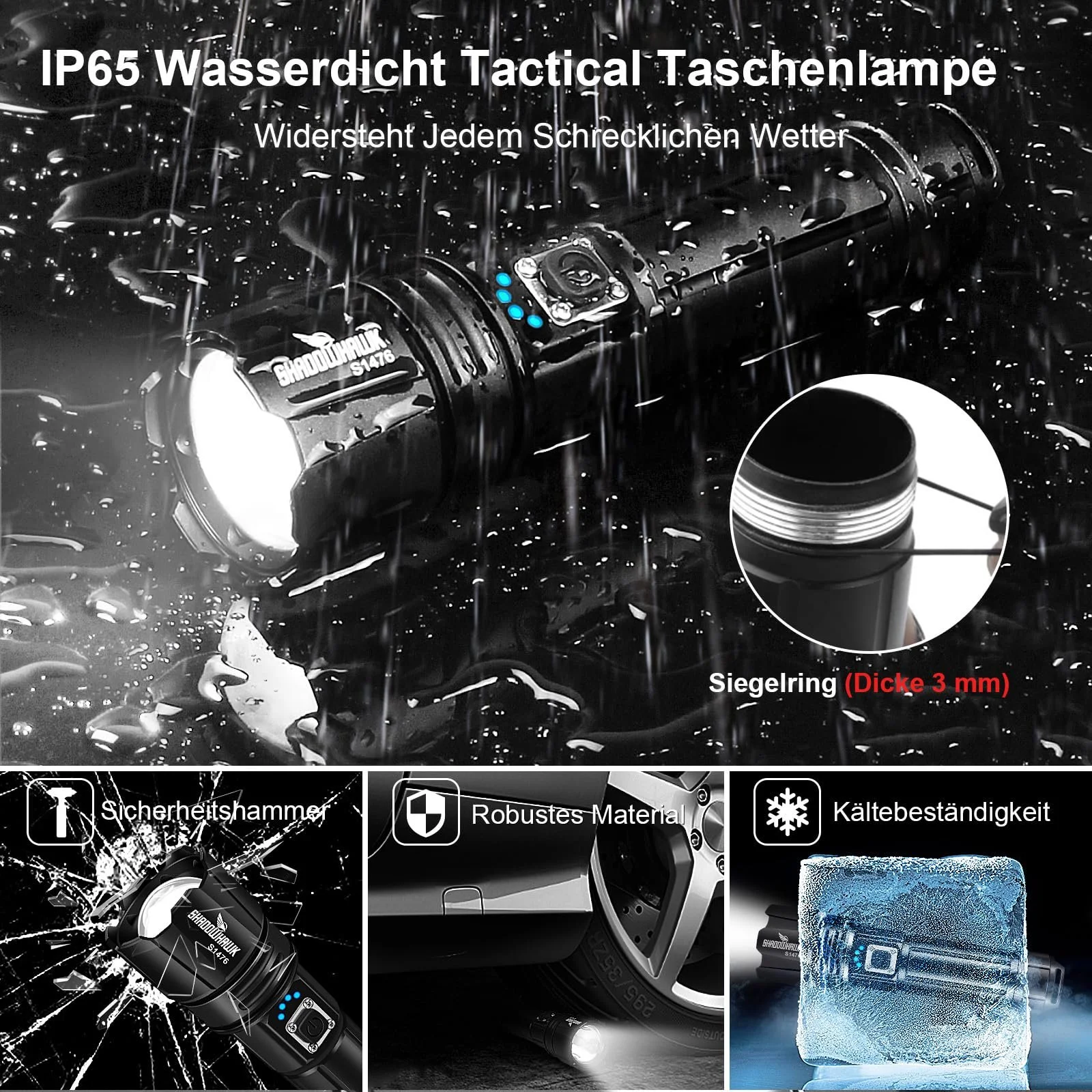 Фонарь Shadowhawk LED 10000 люмен, чрезвычайно яркий, USB перезаряжаемый, тактический фонарь с кобурой CREE XHP70.2, IP67 водонепроницаемый, 5 режимов освещения, для кемпинга, пешего туризма, чрезвычайных ситуаций (26650 аккумулятор), фото №7