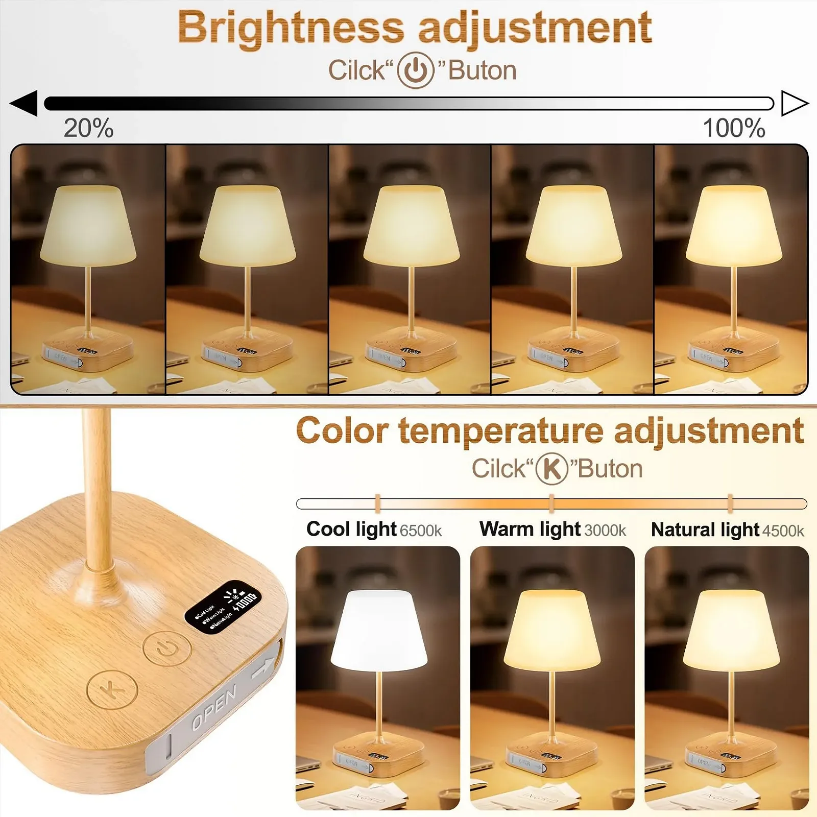 Настільна лампа Anordsem LED акумуляторна 8000 мАг сенсорна вулична з 2 портами USB колір дерево, фото №2