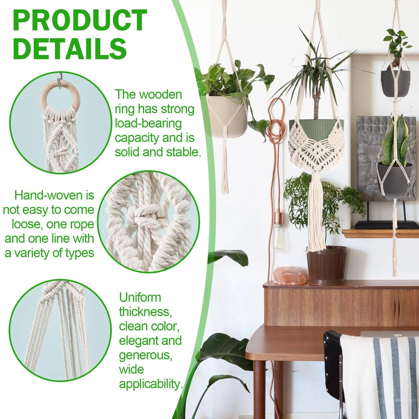 Підвісний кошик Макраме 4 шт. Бавовняна мотузка для квіткового горщика Бохо декоративна для дому та саду, фото №3 Підвісний кошик Макраме 4 шт. Бавовняна мотузка для квіткового горщика Бохо декоративна для дому та саду, фото №3