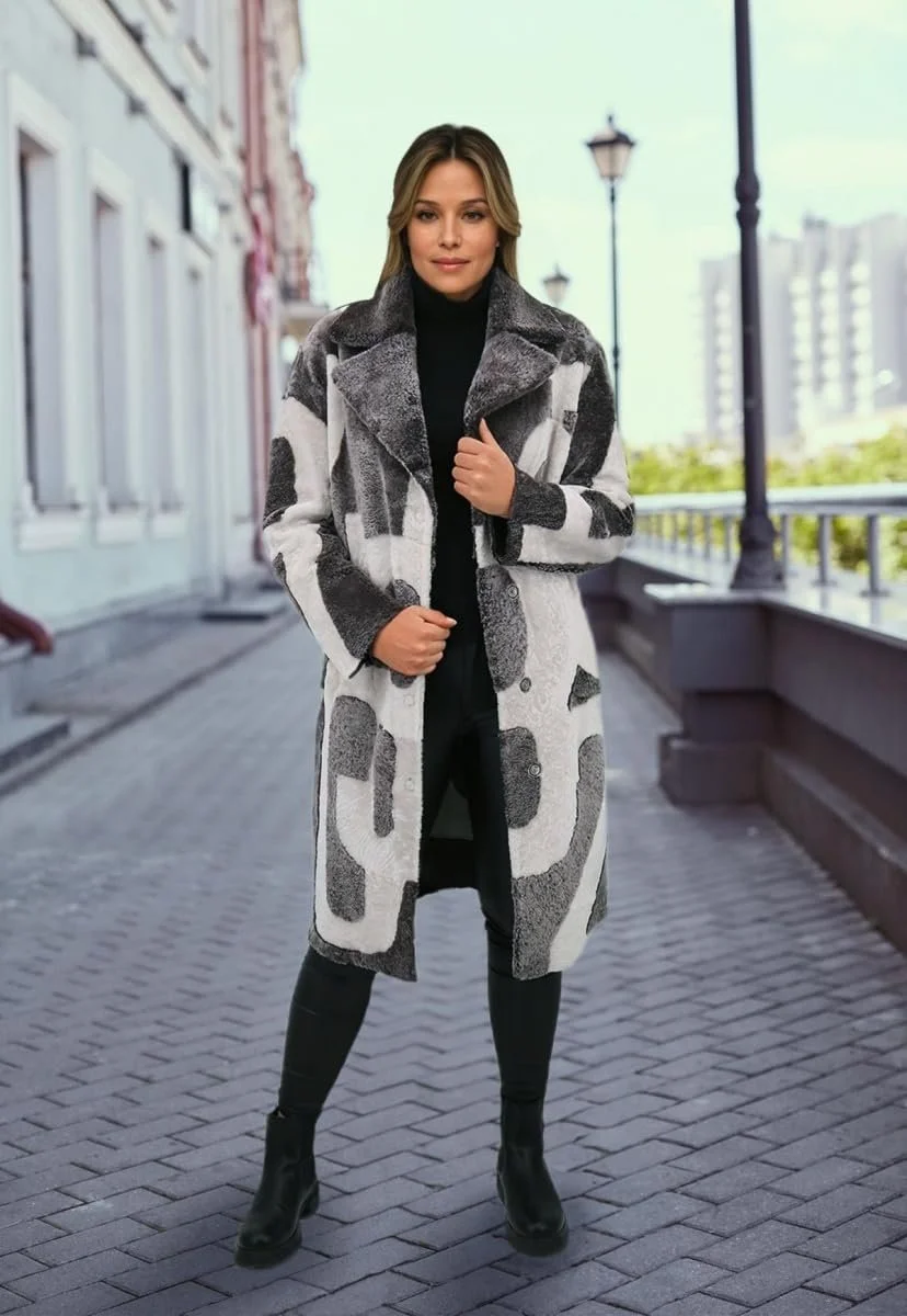 Пальто Hollert Shearling ED-03 Женское из овечьей кожи Merino Cuddly Soft Серо-белое, фото №3 Пальто Hollert Shearling ED-03 Женское из овечьей кожи Merino Cuddly Soft Серо-белое, фото №3