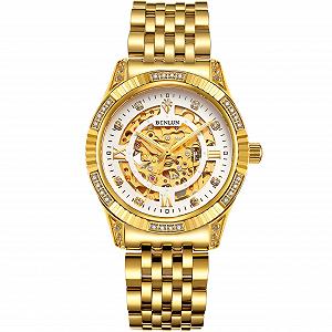 Годинник Binlun Analogue Automatic з браслетом з нержавіючої сталі позолоченим 18K Skeleton для Дня Святого Валентина - Фото 1