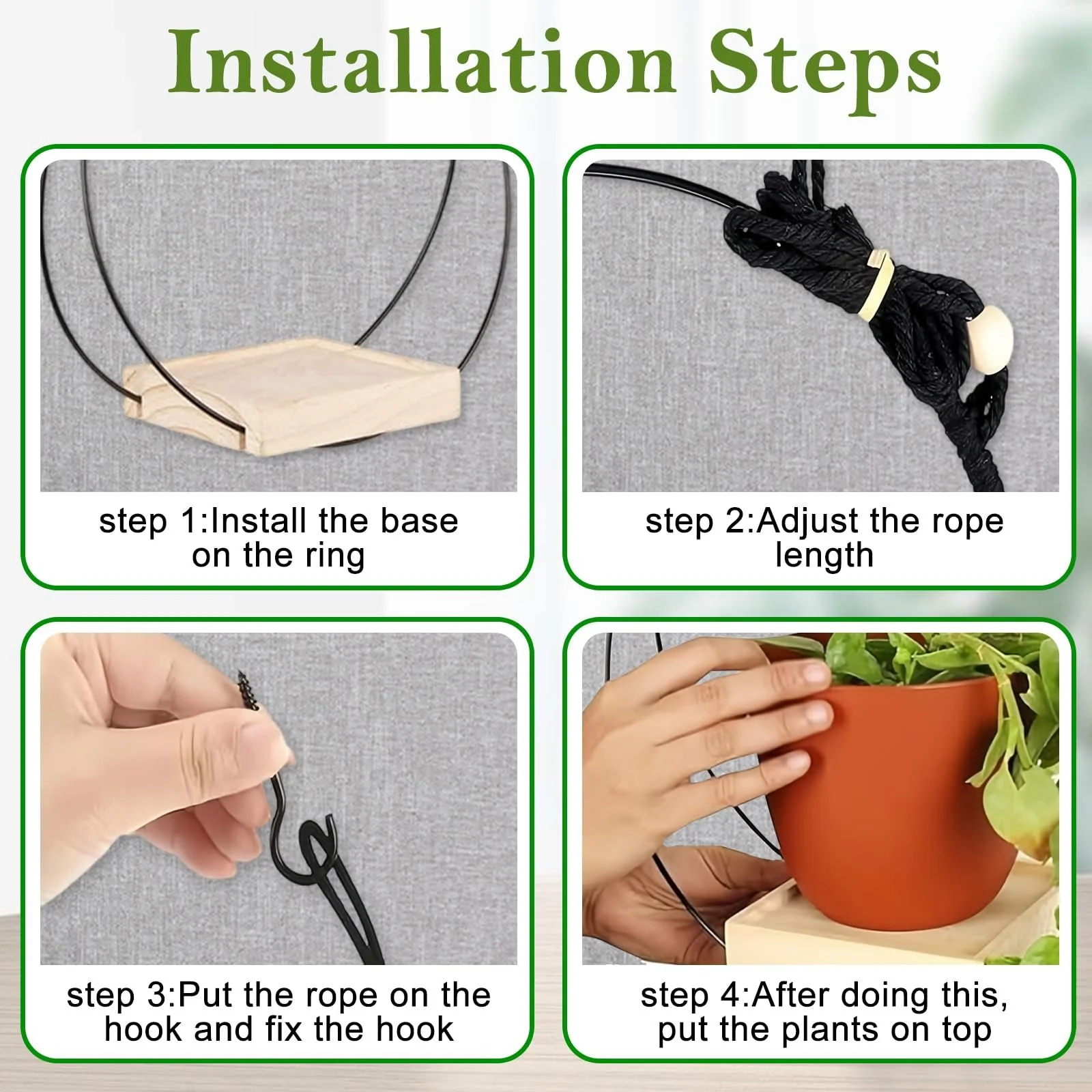 Підвісний квітковий горщик 30 x 30 см з дерев'яною основою та гачком Чорний, фото №3 Підвісний квітковий горщик 30 x 30 см з дерев'яною основою та гачком Чорний, фото №3