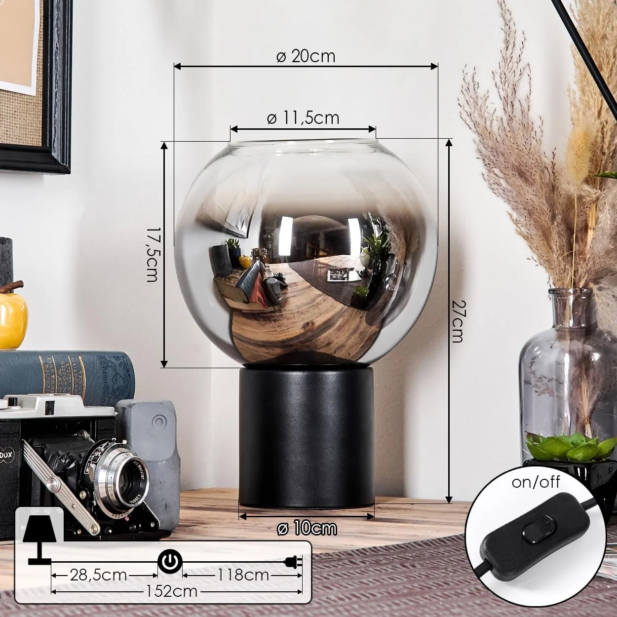 Настільна лампа HOFSTEIN Koyoto метал/скло E27 20 см Чорний/Хром/Димчастий/Прозорий, фото №4