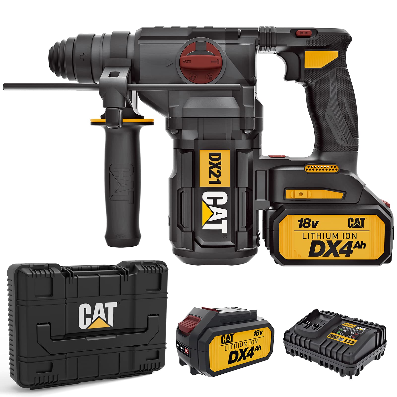 Перфоратор CAT DX21 4-в-1 бесщеточный аккумуляторный 2.2J SDS Plus 0-1210 об/мин и 0-5400 об/мин 2 x 18 V 4.0 Ah в кейсе, фото №1