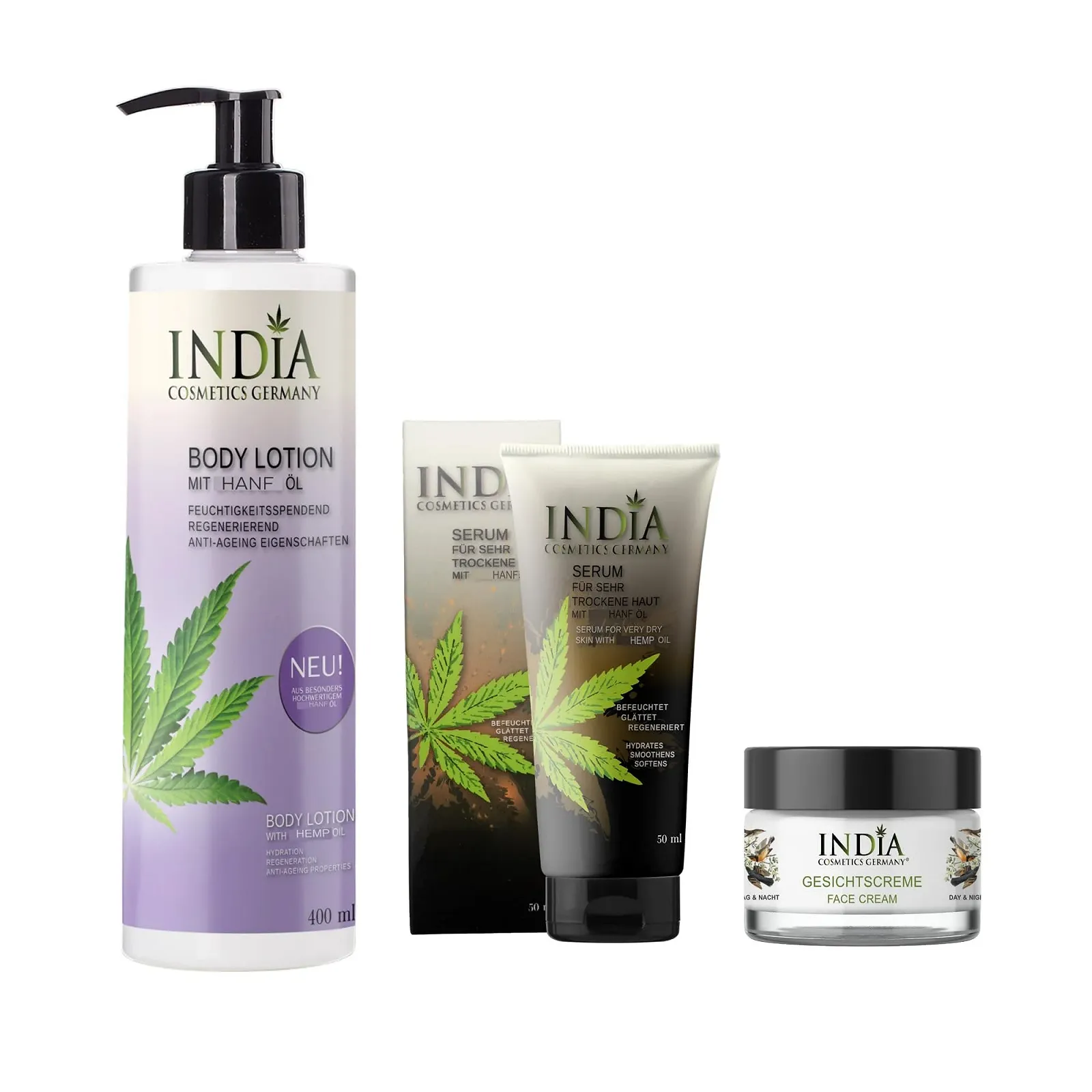 Набір для догляду за тілом India Cosmetics, лосьйон для тіла, бальзам для тіла, крем для обличчя та сироватка, фото №1