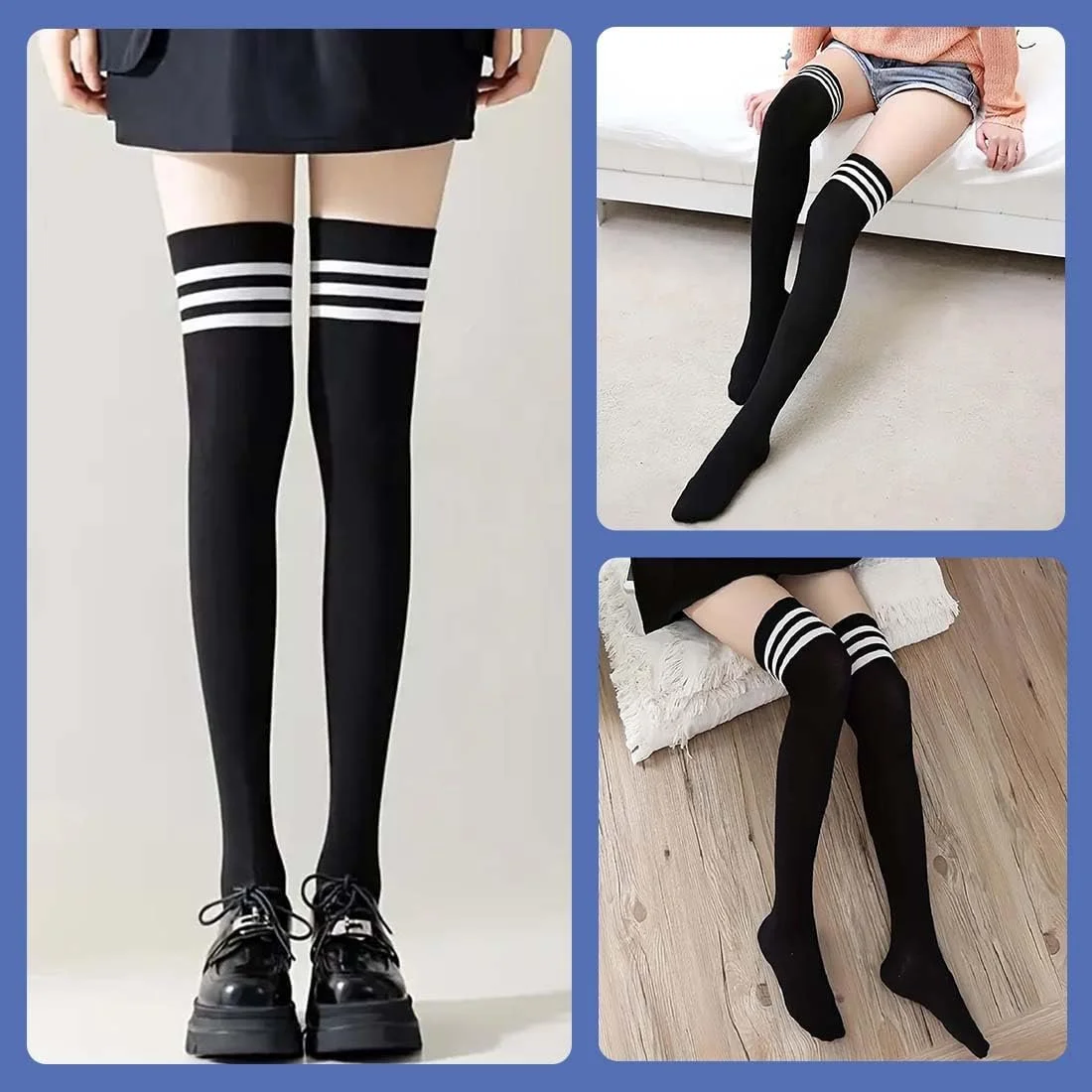 Високі шкарпетки вище коліна жіночі - Чорно-білі смугасті 2 пари, фото №4 Високі шкарпетки вище коліна жіночі - Чорно-білі смугасті 2 пари, фото №4