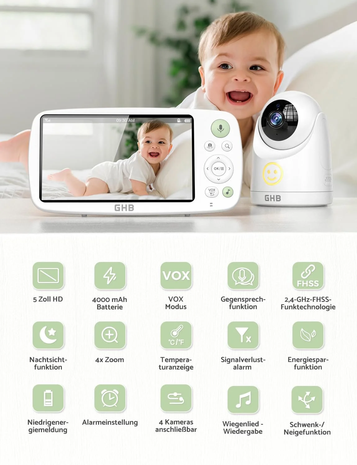 Відеоняня GHB 5 дюймів HD 1080P 4000 mAh 4x Zoom Intercom Night Vision 300 м, фото №2 Відеоняня GHB 5 дюймів HD 1080P 4000 mAh 4x Zoom Intercom Night Vision 300 м, фото №2
