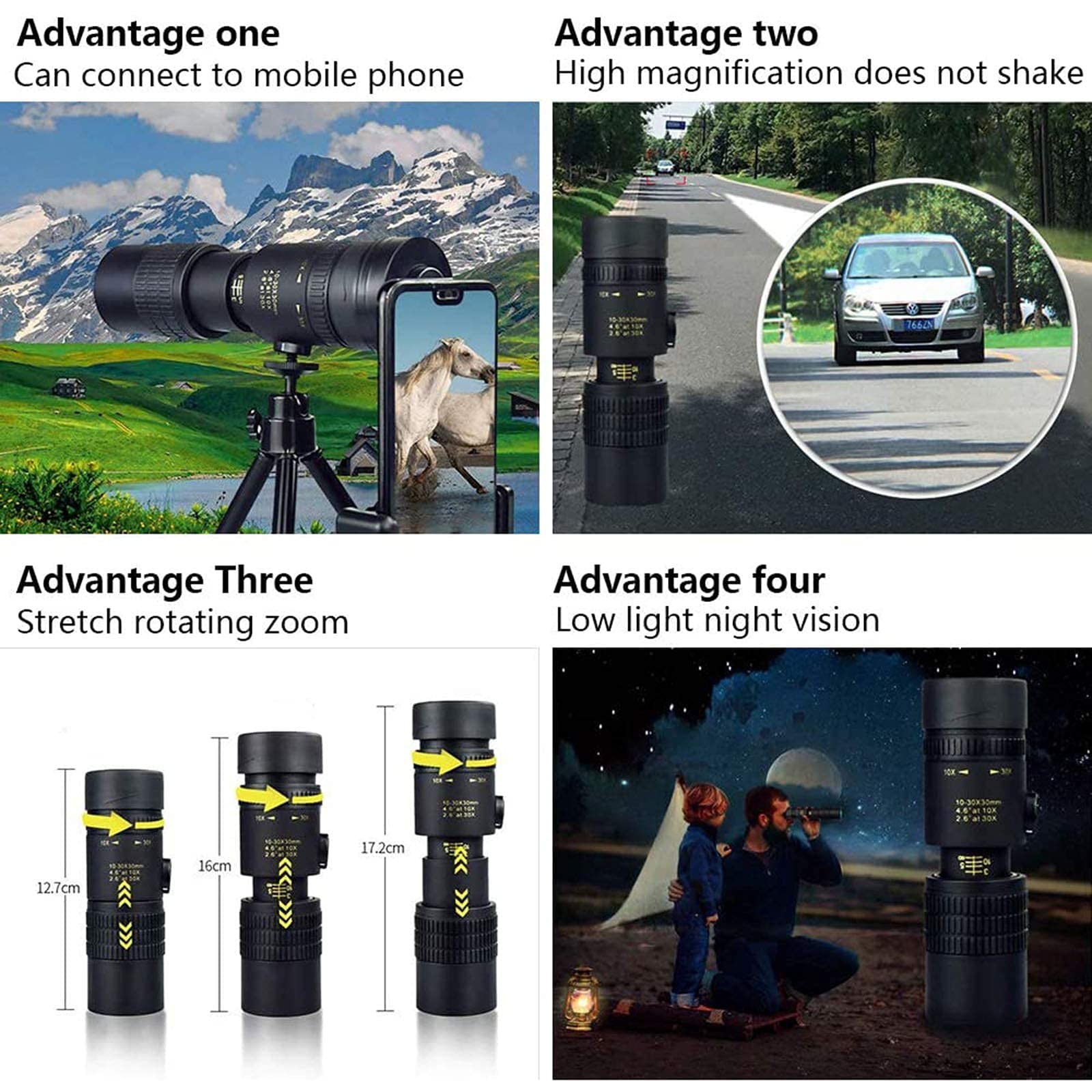 Монокуляр Super Telephoto Zoom HD Monocular 10-300x40 мм, з адаптером для смартфона, штативом, монокулярний телескоп для підняття в гори, спостереження за птахами, футбол, фото №3