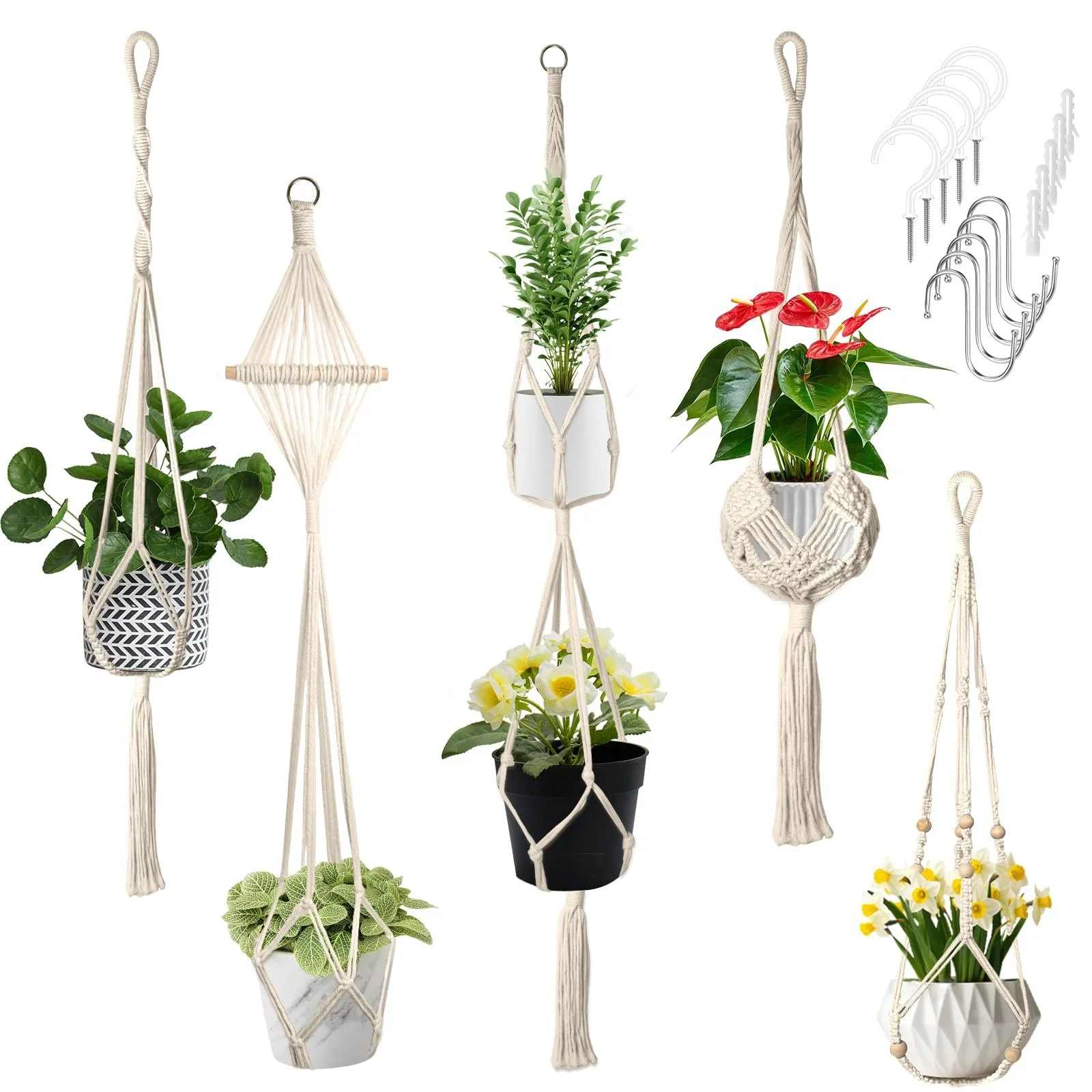 Набор подвесных кашпо макраме 5 шт. из хлопковой веревки с крючками, фото №1