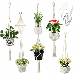 Набор подвесных кашпо макраме 5 шт. из хлопковой веревки с крючками - Фото 1