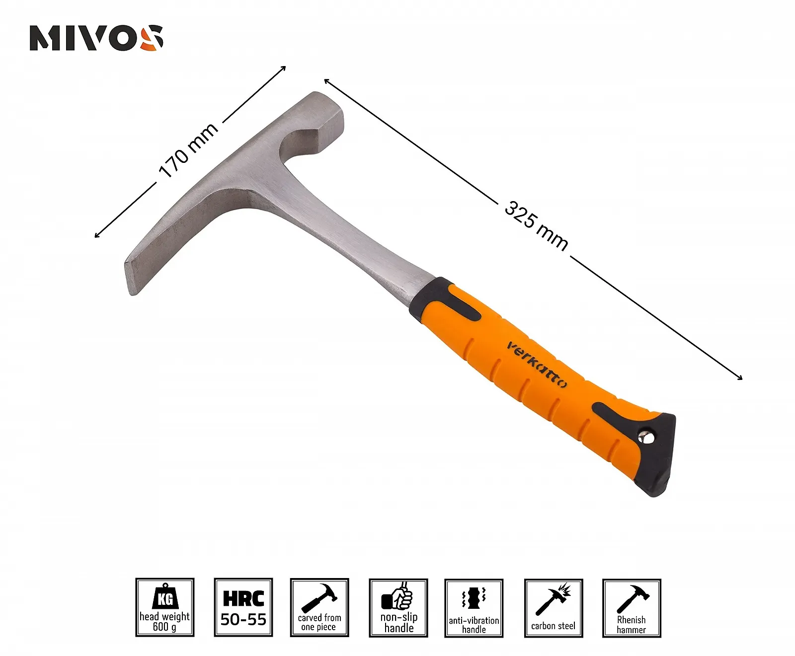 Молоток муляра Mivos Professional 600 г суцільносталевий кований рейнської форми, фото №3 Молоток муляра Mivos Professional 600 г суцільносталевий кований рейнської форми, фото №3