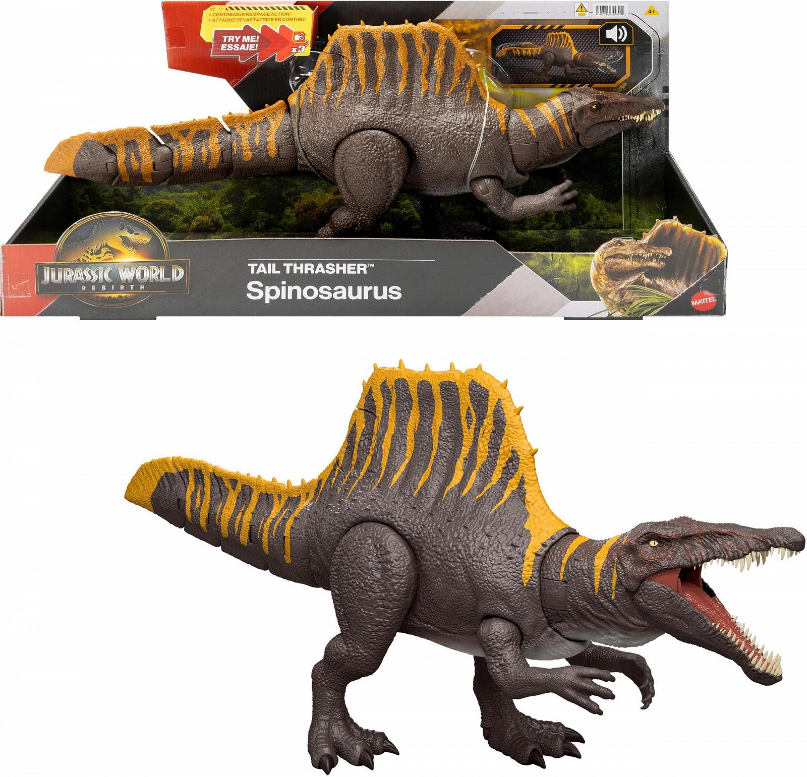 Игрушка Динозавр Mattel Jurassic World: The Rebirth, Spinosaurus Tail Thrasher, Фигурка с 2 движениями атаки, подвижный дизайн, фото №1