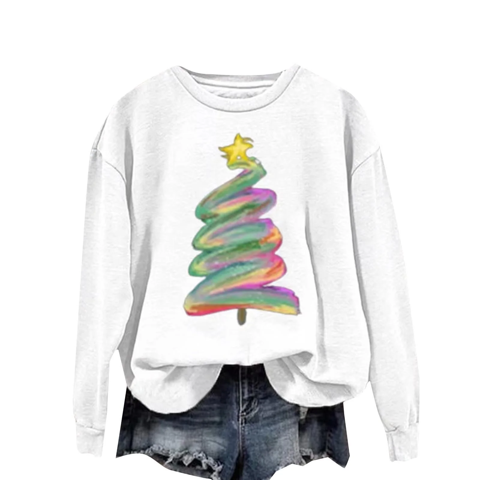 Рождественский свитшот Женский Ёлка Графический круглый вырез Длинный рукав Цветной верх, фото №1