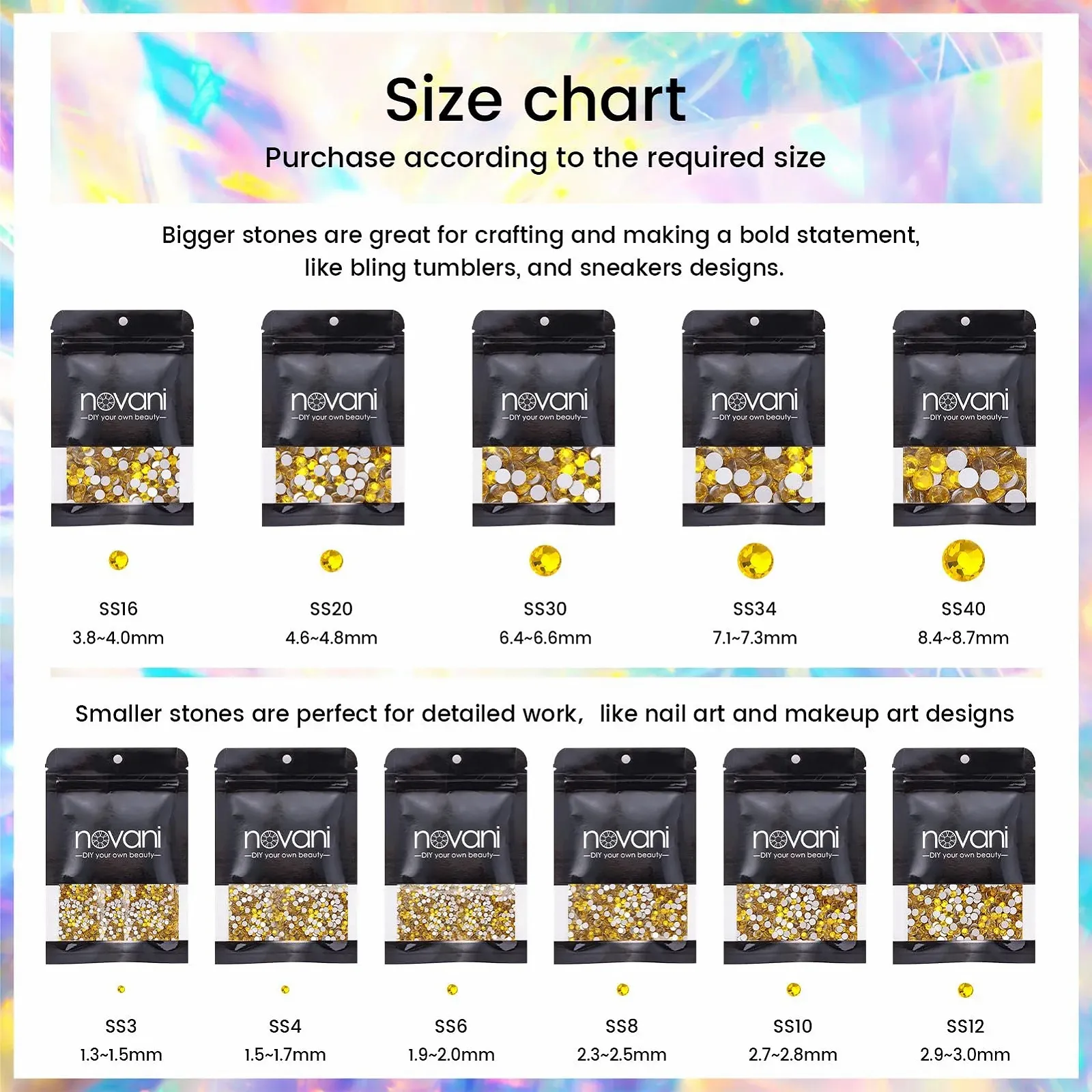 Стрази Novani Crystal, плоскі, 1440 шт, скляні, для одягу, взуття, рукоділля, макіяжу, нейл-арту та DIY прикрас SS16, цитрин, фото №5