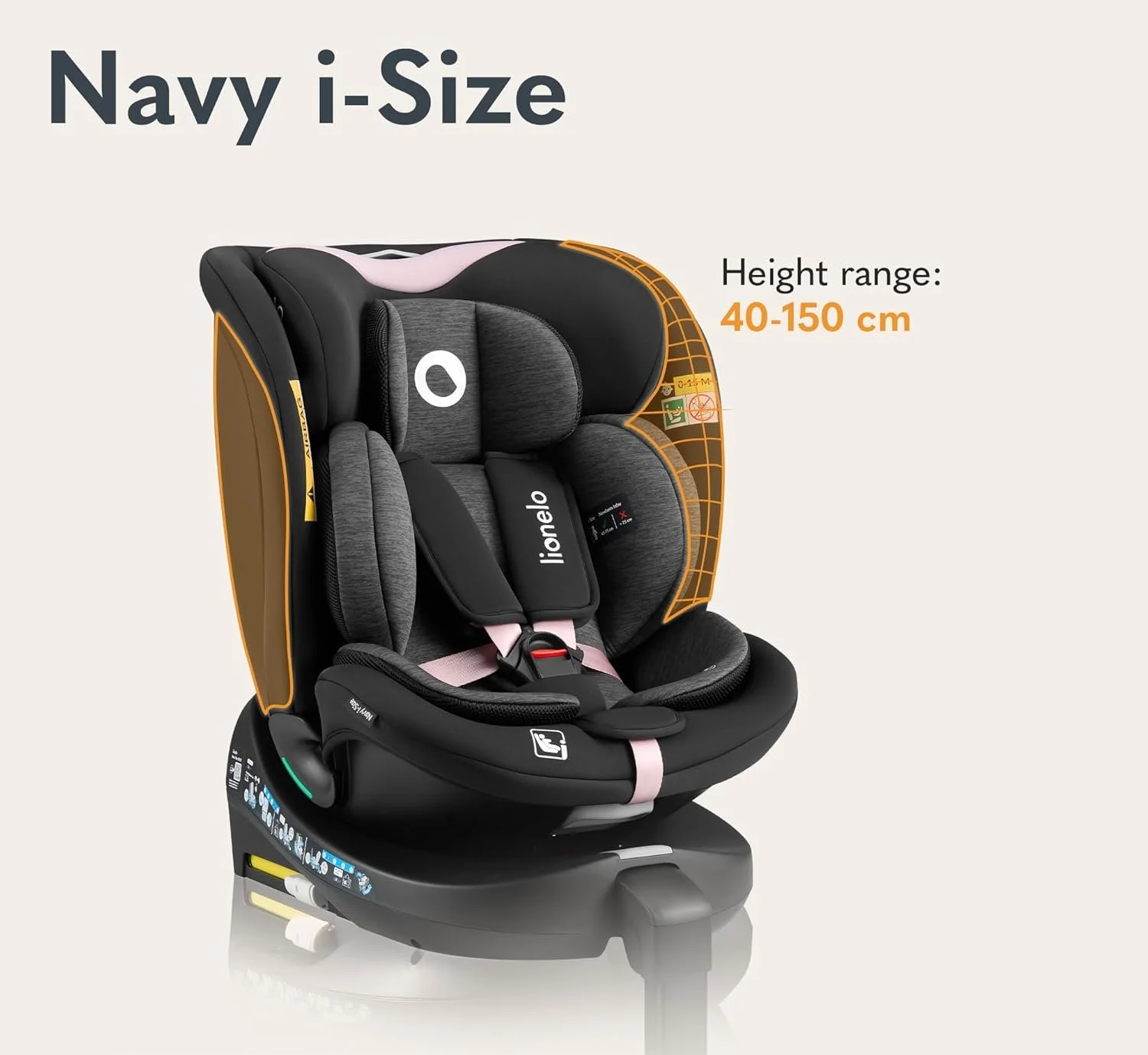 Дитяче автокрісло LIONELO Navy i-Size / З ISOFIX та поворотом на 360° / 0-36 кг / 40-150 см / 0-12 років / Регульований підголівник та нахил спинки / Чорне, фото №2 Дитяче автокрісло LIONELO Navy i-Size / З ISOFIX та поворотом на 360° / 0-36 кг / 40-150 см / 0-12 років / Регульований підголівник та нахил спинки / Чорне, фото №2