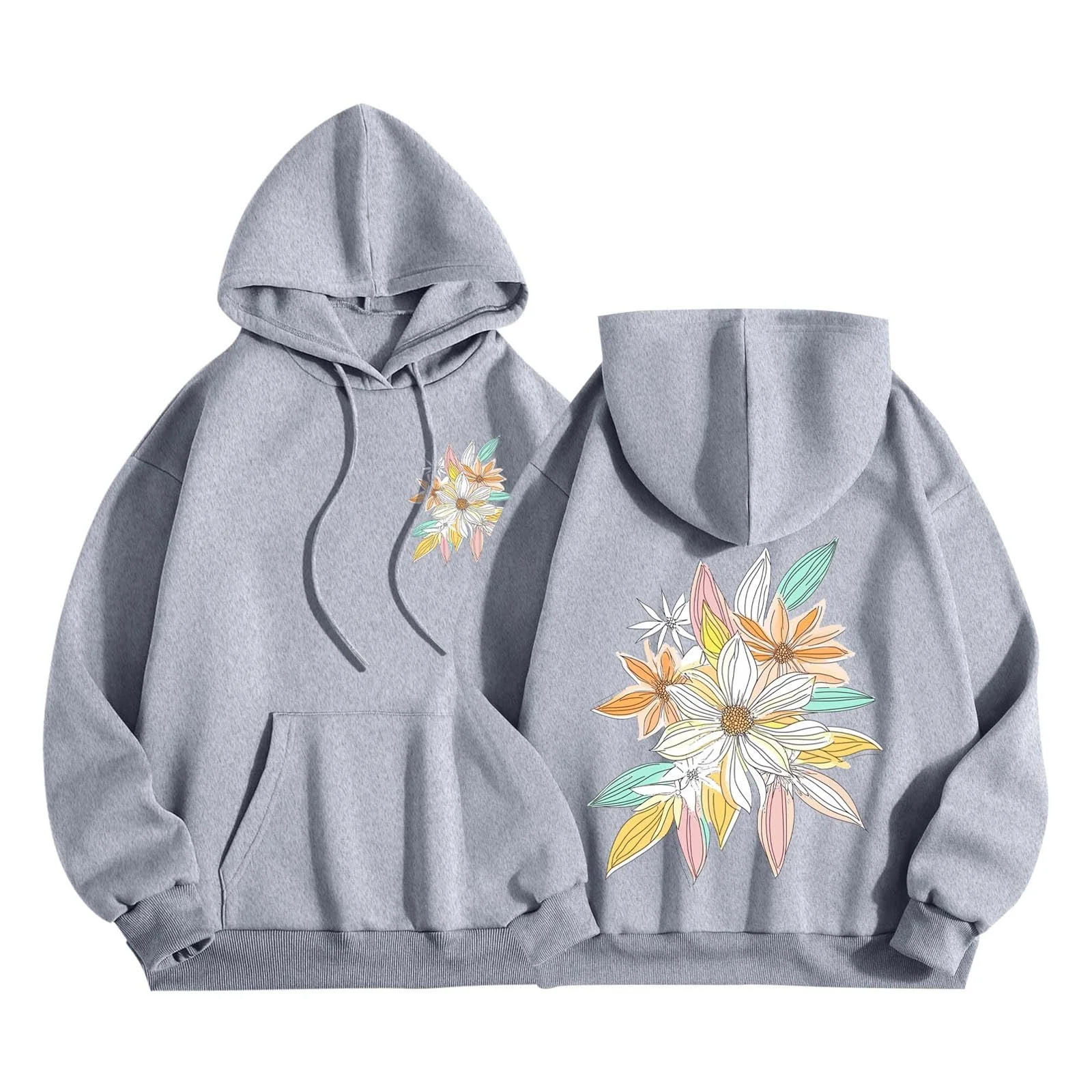 Худи Komiseup Женское Oversize Y2K Пуловер с капюшоном Модное Худи с цветочным принтом на спине 2025 Новое Однотонное Худи Подростковое Девочка Streetwear Спортивная рубашка 07, фото №1