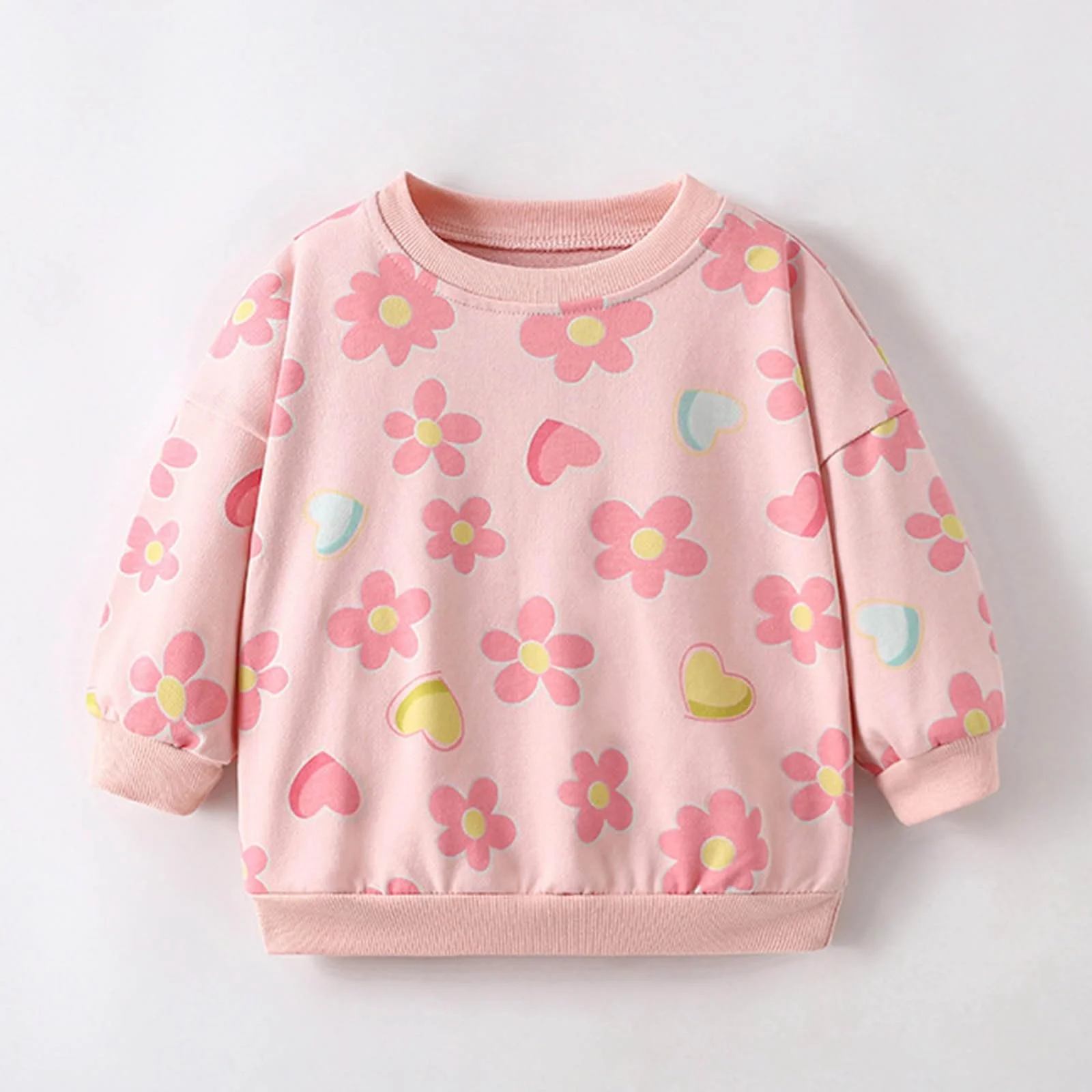 Світшот для дівчинки з квітковим і серцевим принтом, повсякденна, з круглим вирізом, фото №3