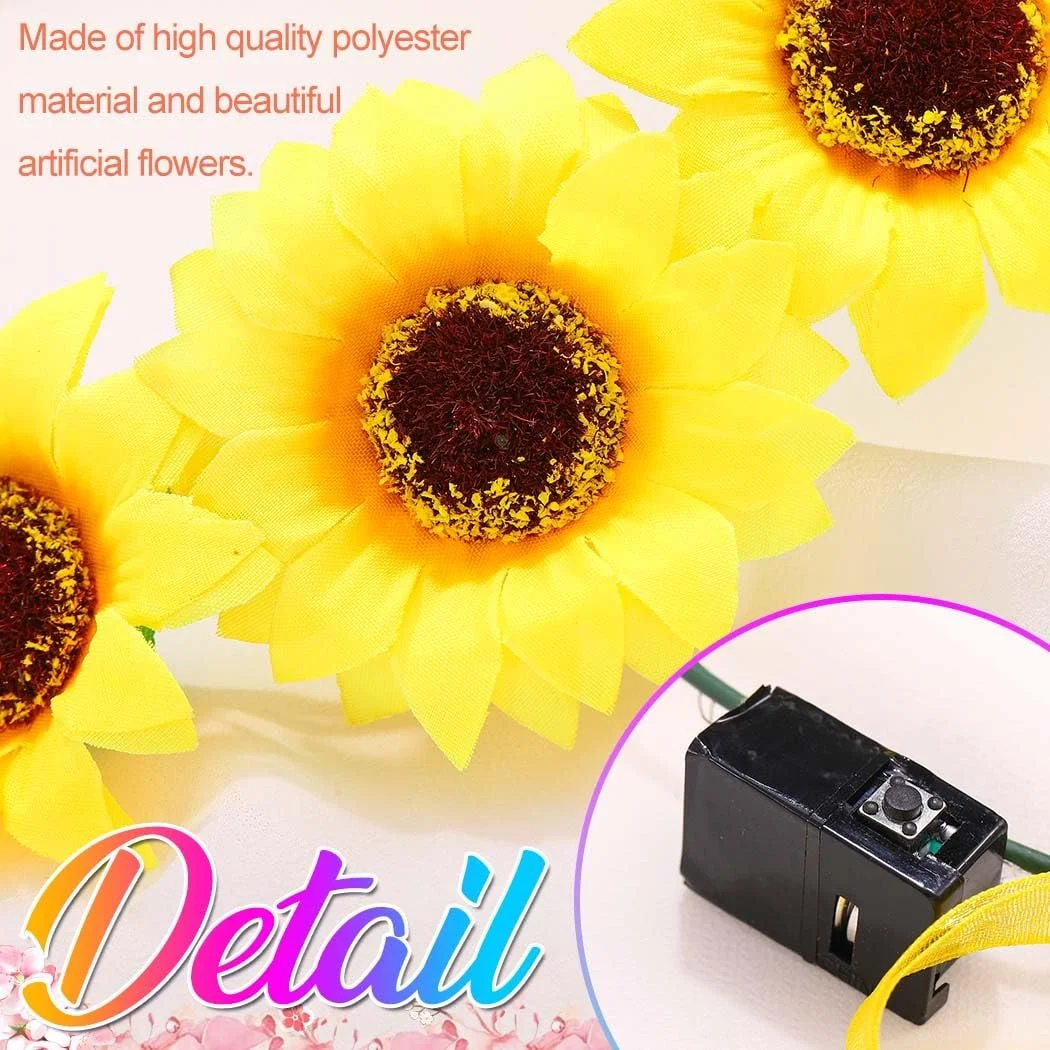 Вінок для волосся соняшники Zoestar LED, фото №5