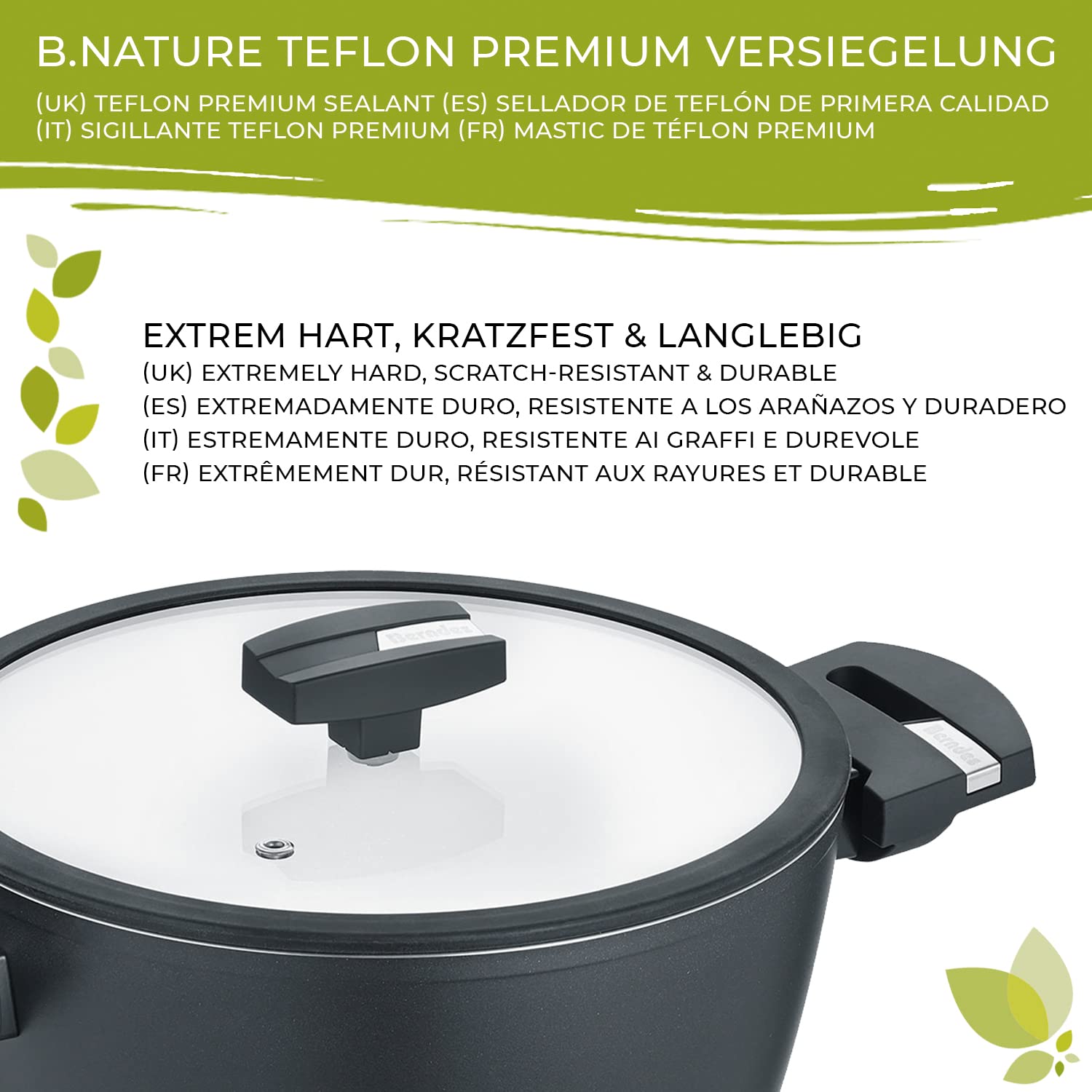 Каструля Berndes Balance b.nature з стійким кварцовим покриттям 20 см з кришкою зі скла індукційна стійка до подряпин, фото №2 Каструля Berndes Balance b.nature з стійким кварцовим покриттям 20 см з кришкою зі скла індукційна стійка до подряпин, фото №2