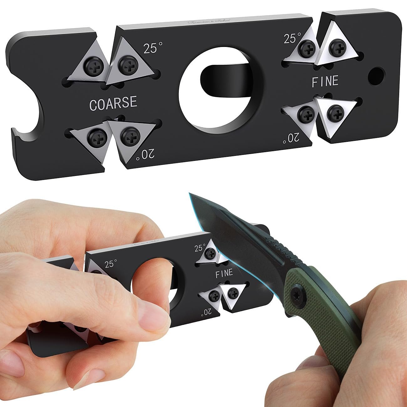 Точилка для ножей Rosenstein & Söhne EDC 6-в-1 компактная с открывалкой и клипсой Black, фото №5