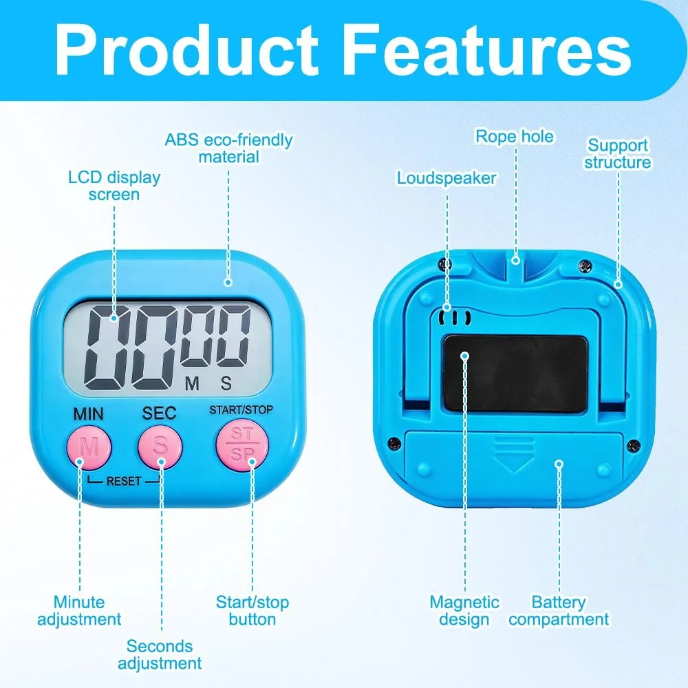 Магнітний кухонний таймер Digital Timer (набір 10 шт.) з LCD-дисплеєм та складаною підставкою, фото №3