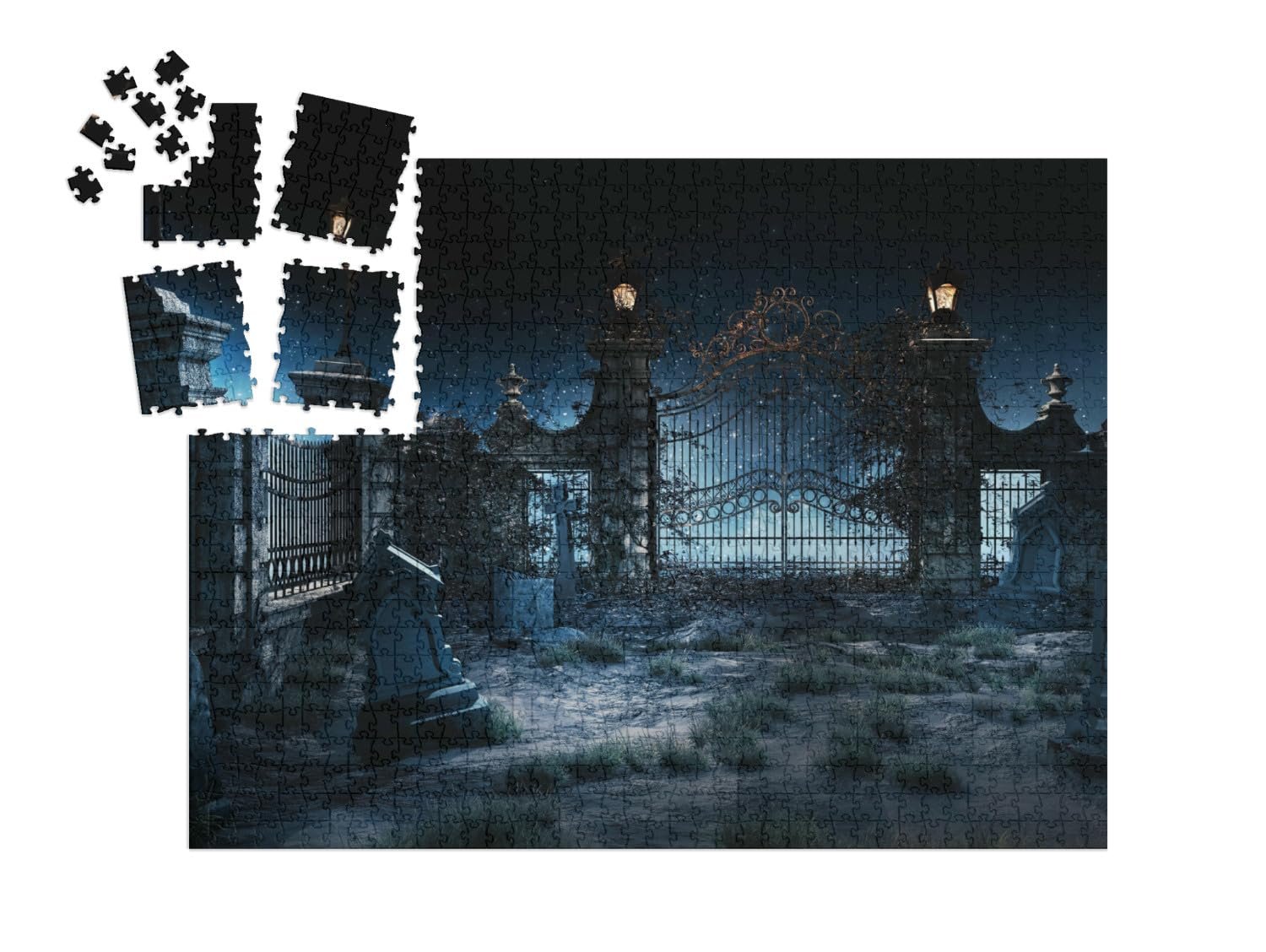 Пазл-адвент-календарь puzzleYOU Gothic Puzzle Collection "Готическое кладбище с железными воротами и фонарями" 1000 деталей, фото №2 Пазл-адвент-календарь puzzleYOU Gothic Puzzle Collection "Готическое кладбище с железными воротами и фонарями" 1000 деталей, фото №2