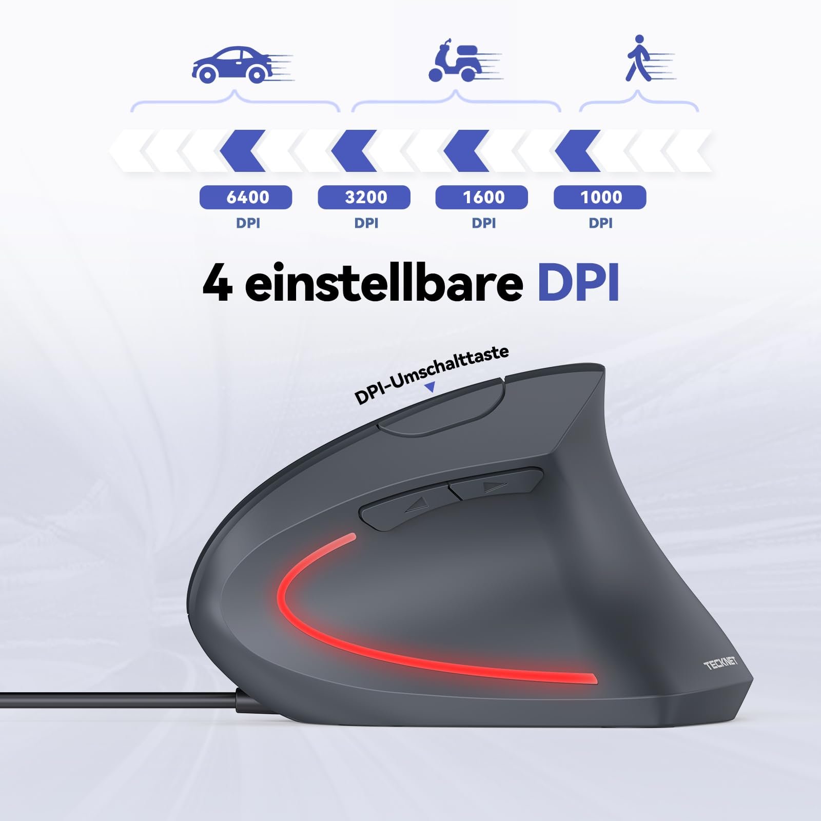 Мышь TECKNET вертикальная оптическая эргономичная 6400 DPI 6 кнопок LED подсветка USB кабель серый, фото №2