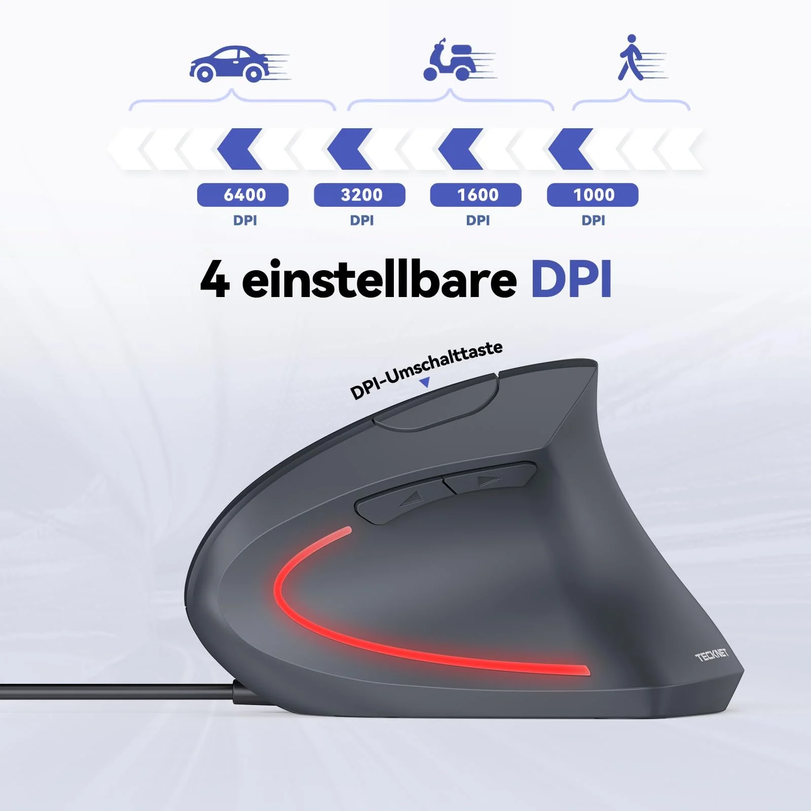 Миша TECKNET вертикальна оптична ергономічна 6400 DPI 6 кнопок LED підсвічування USB кабель сірий, фото №2