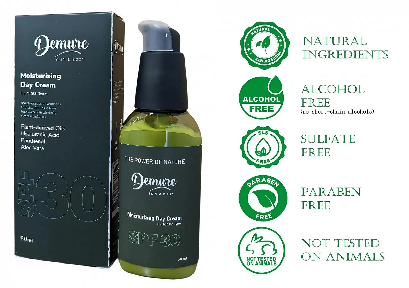 Денний крем для обличчя Demure Moisturising SPF 30 з гіалуроновою кислотою, пантенолом, вітаміном E та обліпихою, 50 мл, фото №3 Денний крем для обличчя Demure Moisturising SPF 30 з гіалуроновою кислотою, пантенолом, вітаміном E та обліпихою, 50 мл, фото №3