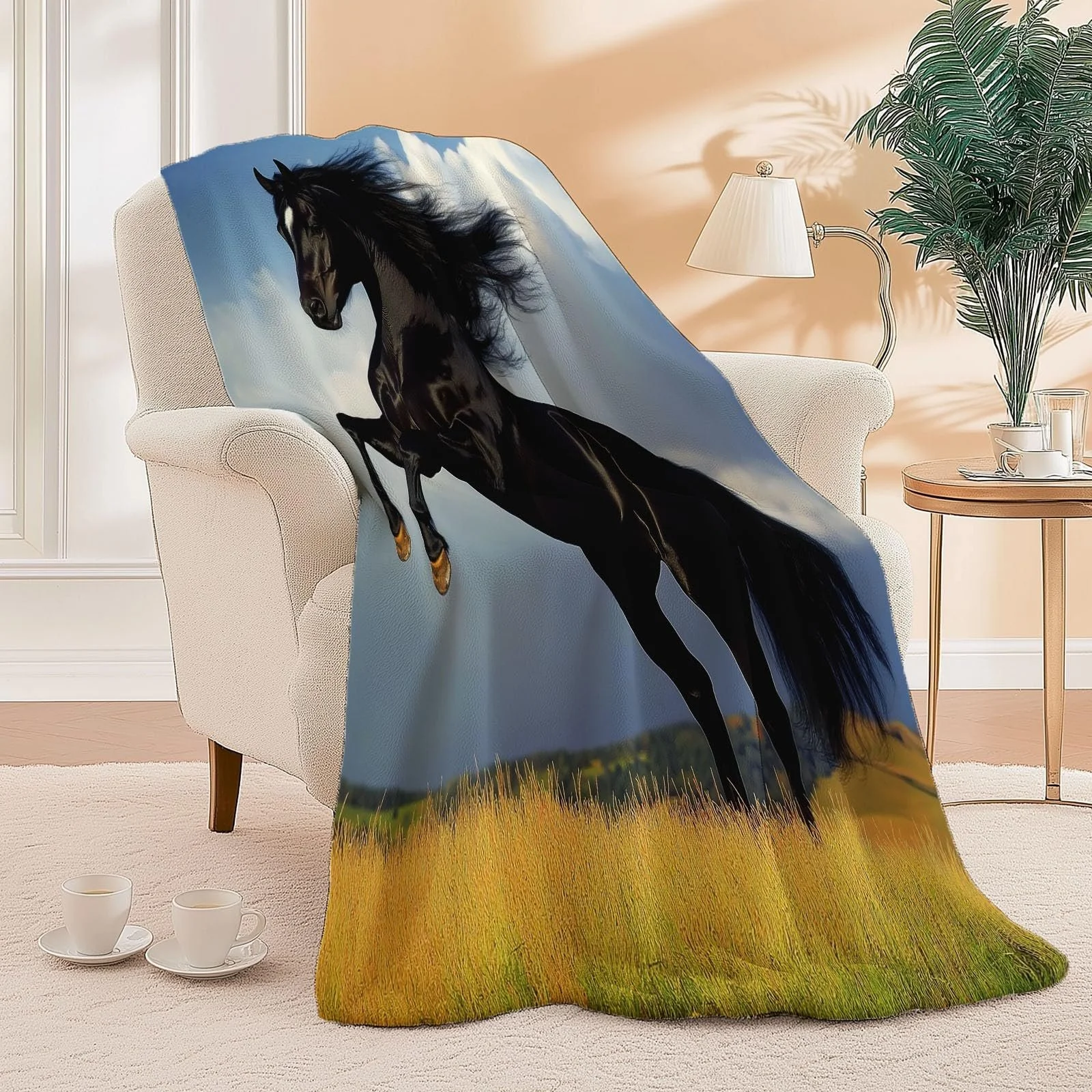 Покривало М'яка для дивану 200 x 200 см, Тепла з малюнком Поля Луки Коні, Чорно-жовта, фото №5