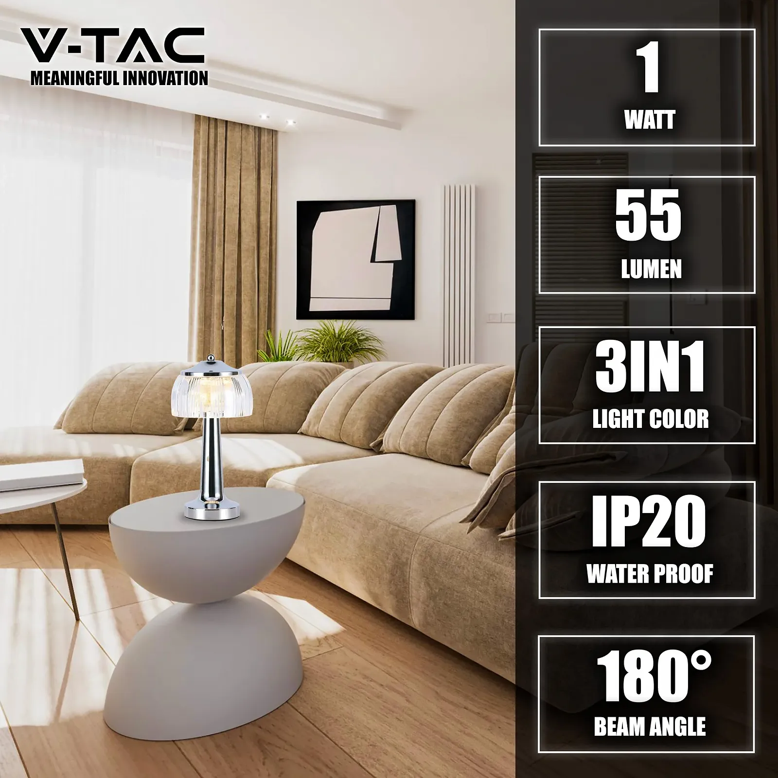 Настільна лампа V-TAC Акумуляторна IP20 1 Вт 55 лм 3-в-1 Хром, фото №2