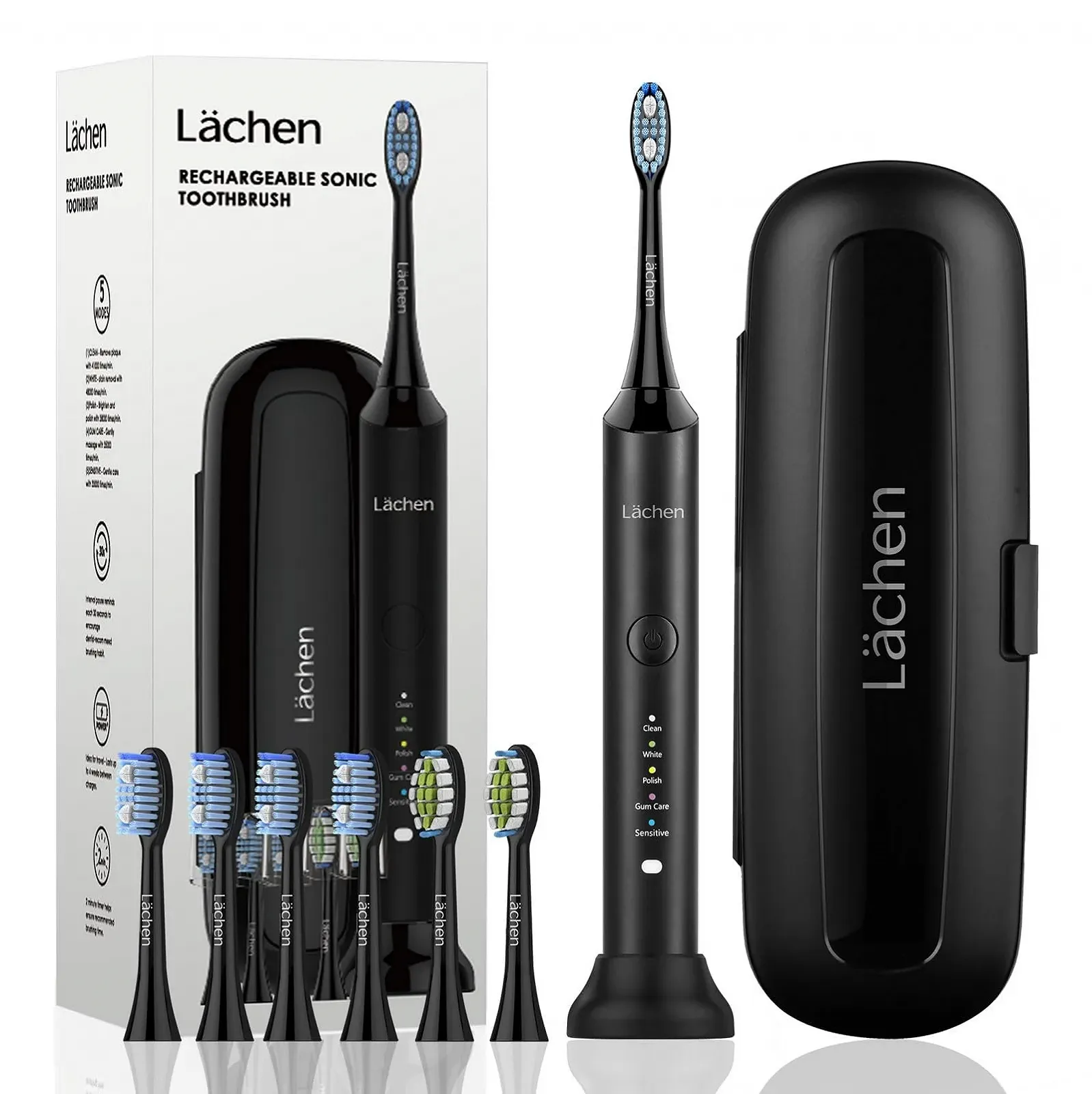 Звуковая зубная щетка Lächen 5 программ 6 насадок футляр Черная, фото №1
