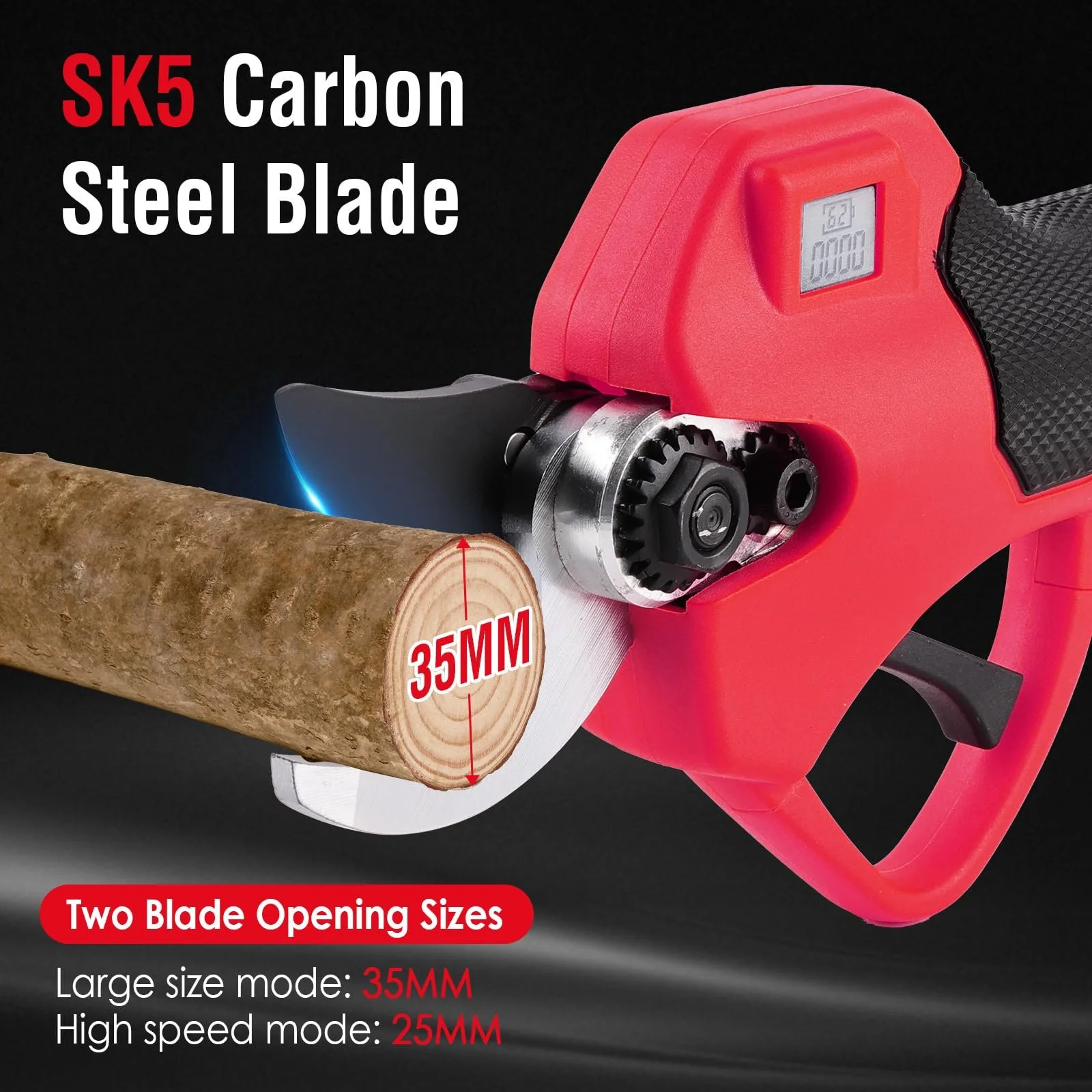 Акумуляторні сучкорізи 35 мм Електричні секатори: Електричний сучкоріз з РК-дисплеєм, Електричні садові ножиці з акумулятором 2 x 2000 мАг, для саду, парку, винограднику, оливкового дерева (червоний), фото №2