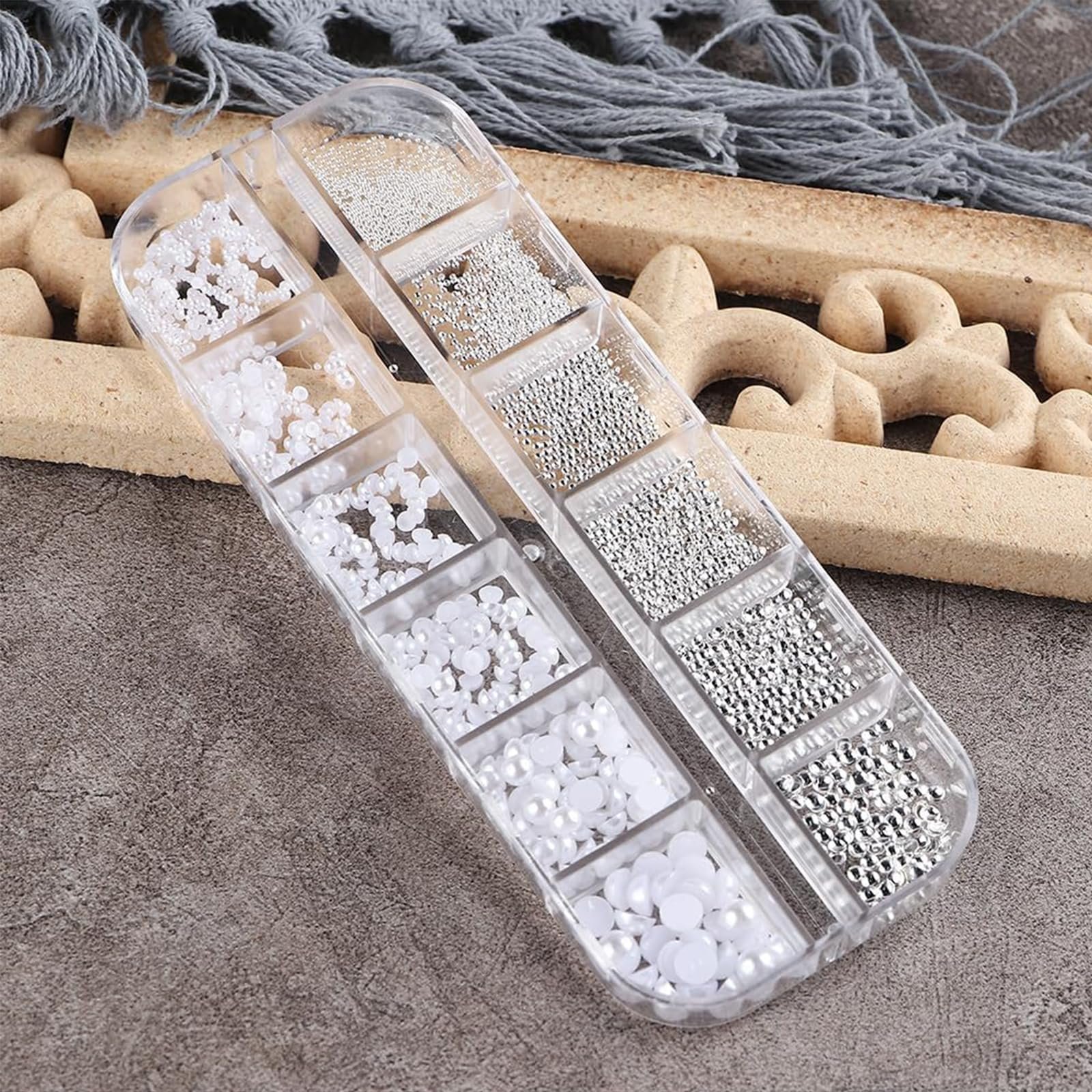 Украшения для ногтей SURALIN 1 коробка/12 лотков Жемчуг для ногтей Белые полукруглые бусины Украшения для ногтей, Мелкие бусины из нержавеющей стали Камни для ногтей Блестящие камни для ногтей DIY украшения для ногтей, фото №3