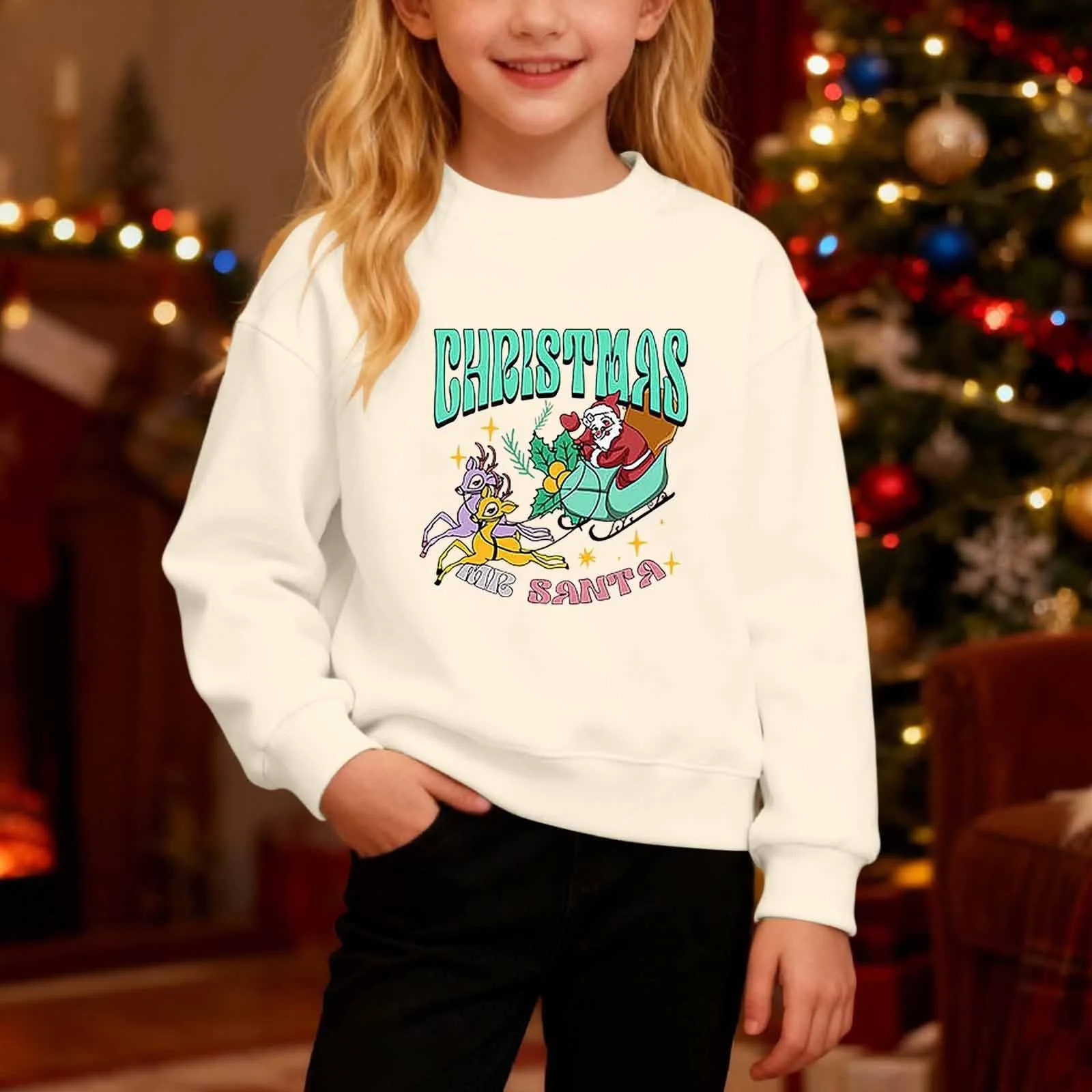 Пуловер для девочек с принтом, круглый вырез, длинные рукава, уютный флисовый худи, мягкая повседневная одежда, праздничная одежда, фото №3