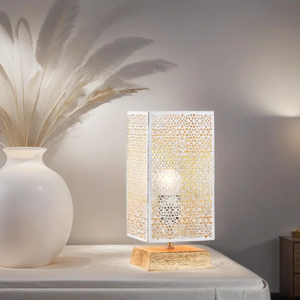 Настільна лампа Autigan Marrakech 25 см східна метал дерево цоколь E27 біла, фото №4