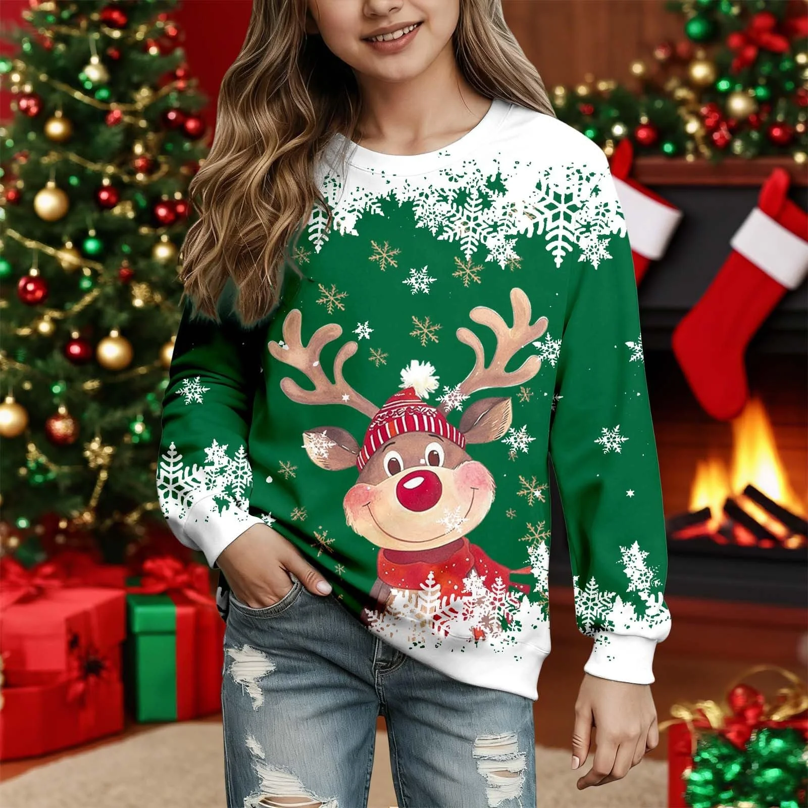 Джемпер для девочек, детский, рождественский, повседневный, с круглым вырезом, с мультяшной головой оленя, с длинными рукавами (2 года, 14 лет), фото №3