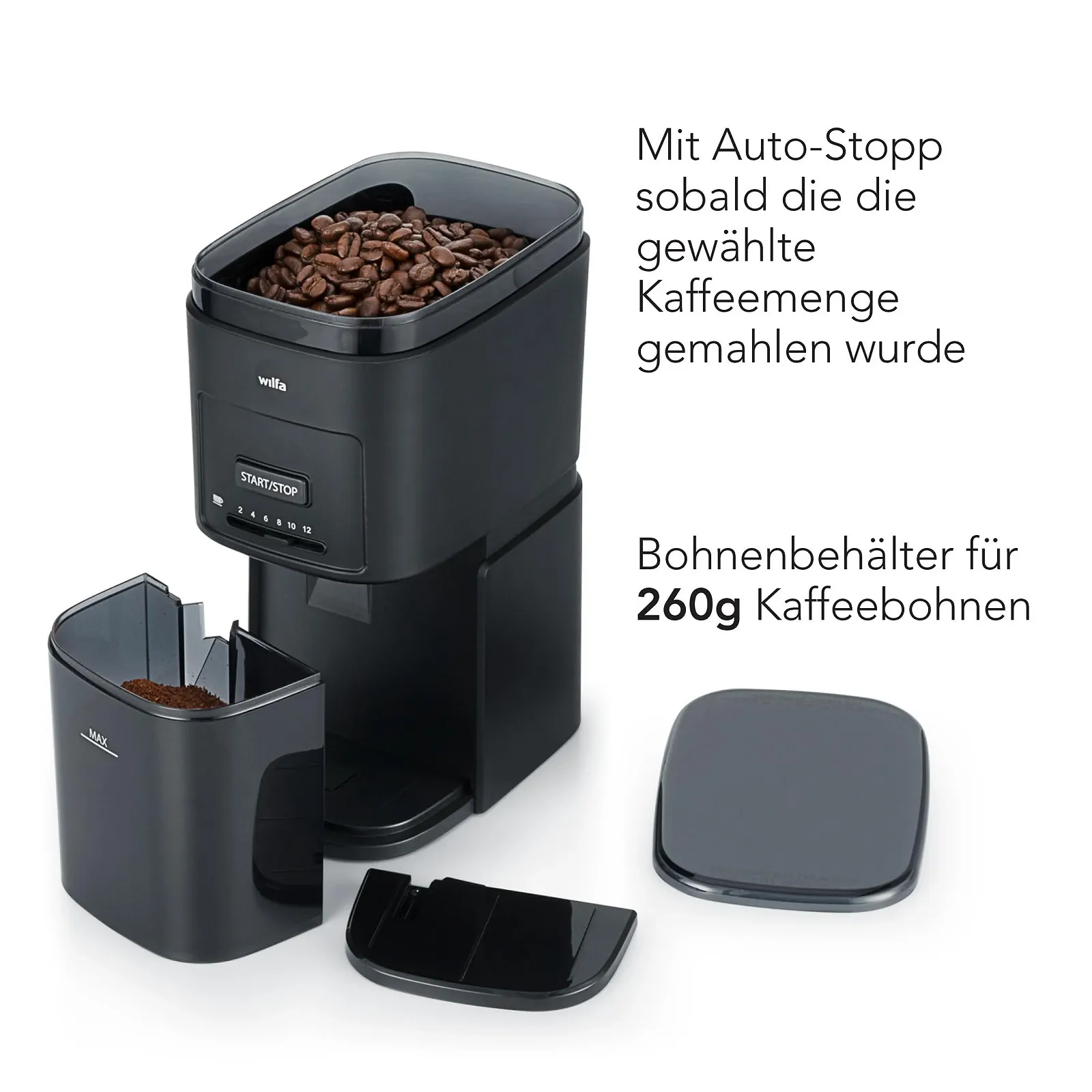 Кавомолка Wilfa DAILY Електрична, дискова, з нержавіючої сталі, 260 г, від дрібного до грубого помелу, регулювання кількості порошку на 2-12 чашок, захист від перегріву, чорна, фото №5