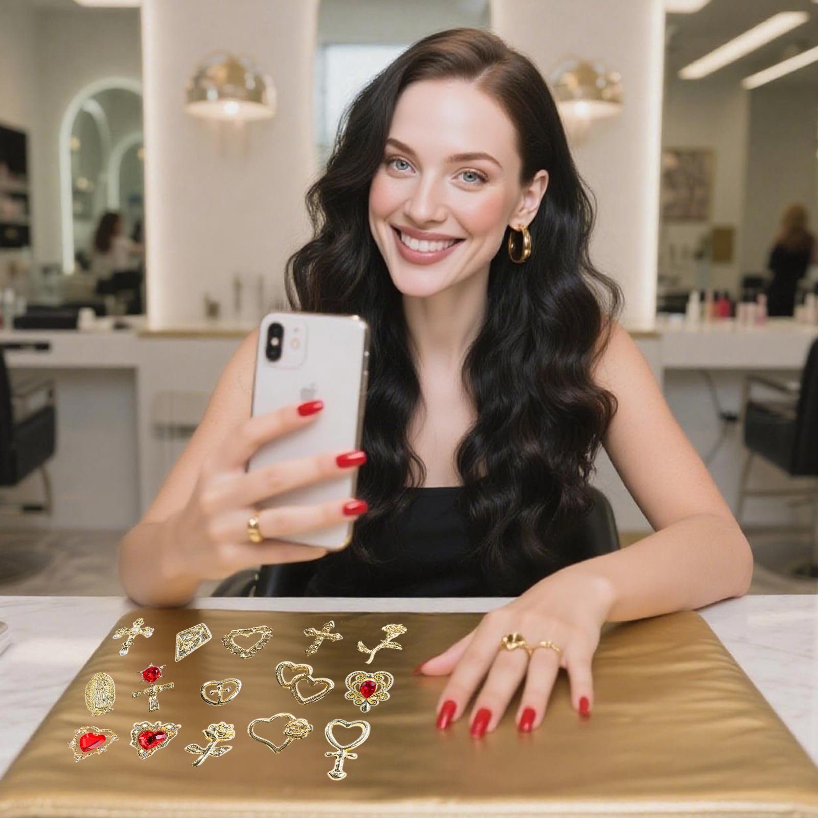 3D Украшения для ногтей Золото, 60 шт Дева Мария, розы, кресты, рубины и сердца, фото №7