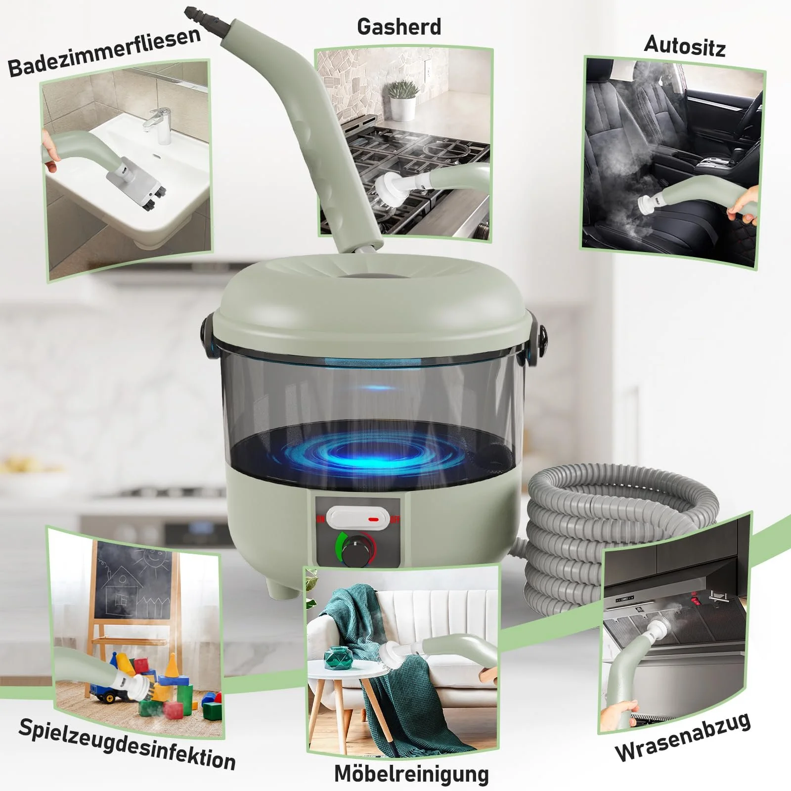 Ручний пароочисник 2500 Вт з 6 насадками-щітками для глибокого очищення оббивки, автомобіля, кухні, ванної кімнати, плитки, фото №6