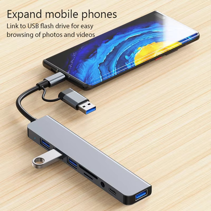 Адаптер Onvian HUB 8in1 USB to USB-4шт/TF SD Slot/3.5 Jack/USB-C Adapter, фото №5