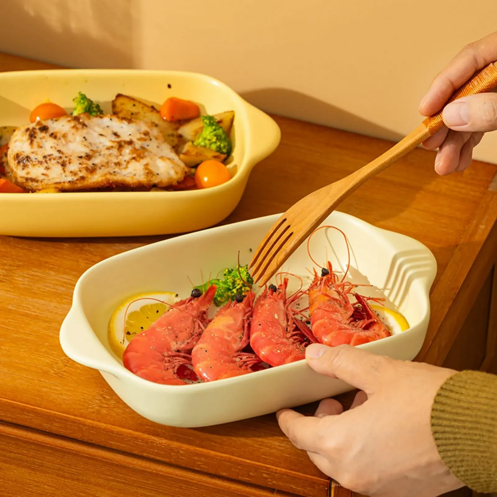 Форма для запекания керамическая набор 2 шт. малая с ручками молочно-желтая, фото №5