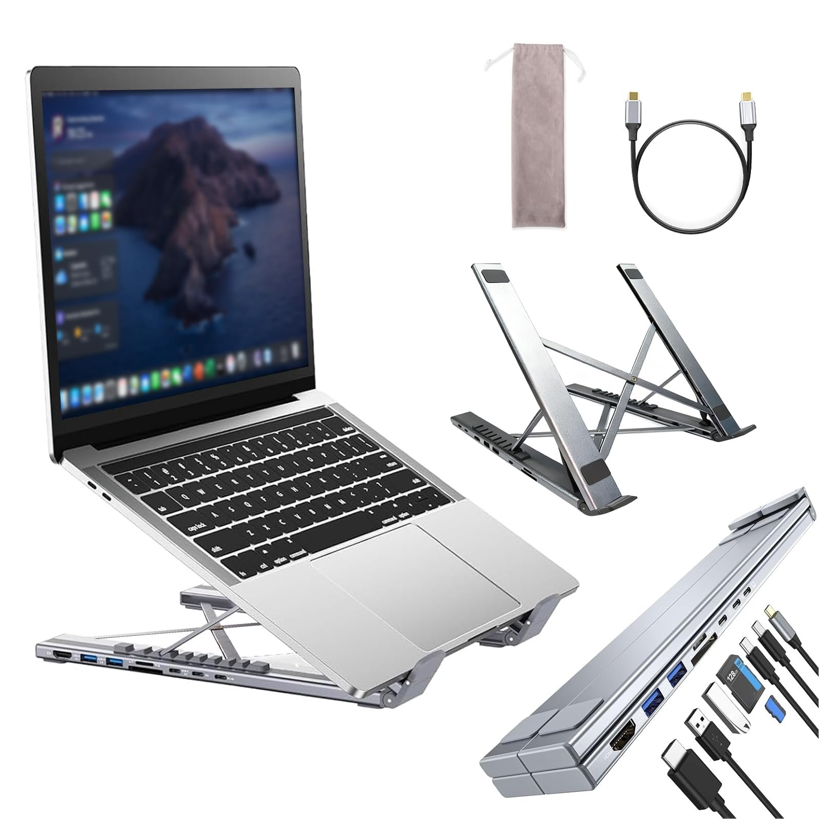 Подставка для ноутбука USB-C 8-в-1, алюминиевая подставка для ноутбука с док-станцией USB C 8-в-1, складная двойная подставка с 9 регулируемыми углами с HDMI 4K@30Hz, USB 3.0, 100 Вт PD для дома, офиса, фото №1 Подставка для ноутбука USB-C 8-в-1, алюминиевая подставка для ноутбука с док-станцией USB C 8-в-1, складная двойная подставка с 9 регулируемыми углами с HDMI 4K@30Hz, USB 3.0, 100 Вт PD для дома, офиса, фото №1