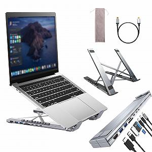 Подставка для ноутбука USB-C 8-в-1, алюминиевая подставка для ноутбука с док-станцией USB C 8-в-1, складная двойная подставка с 9 регулируемыми углами с HDMI 4K@30Hz, USB 3.0, 100 Вт PD для дома, офиса - Фото 1