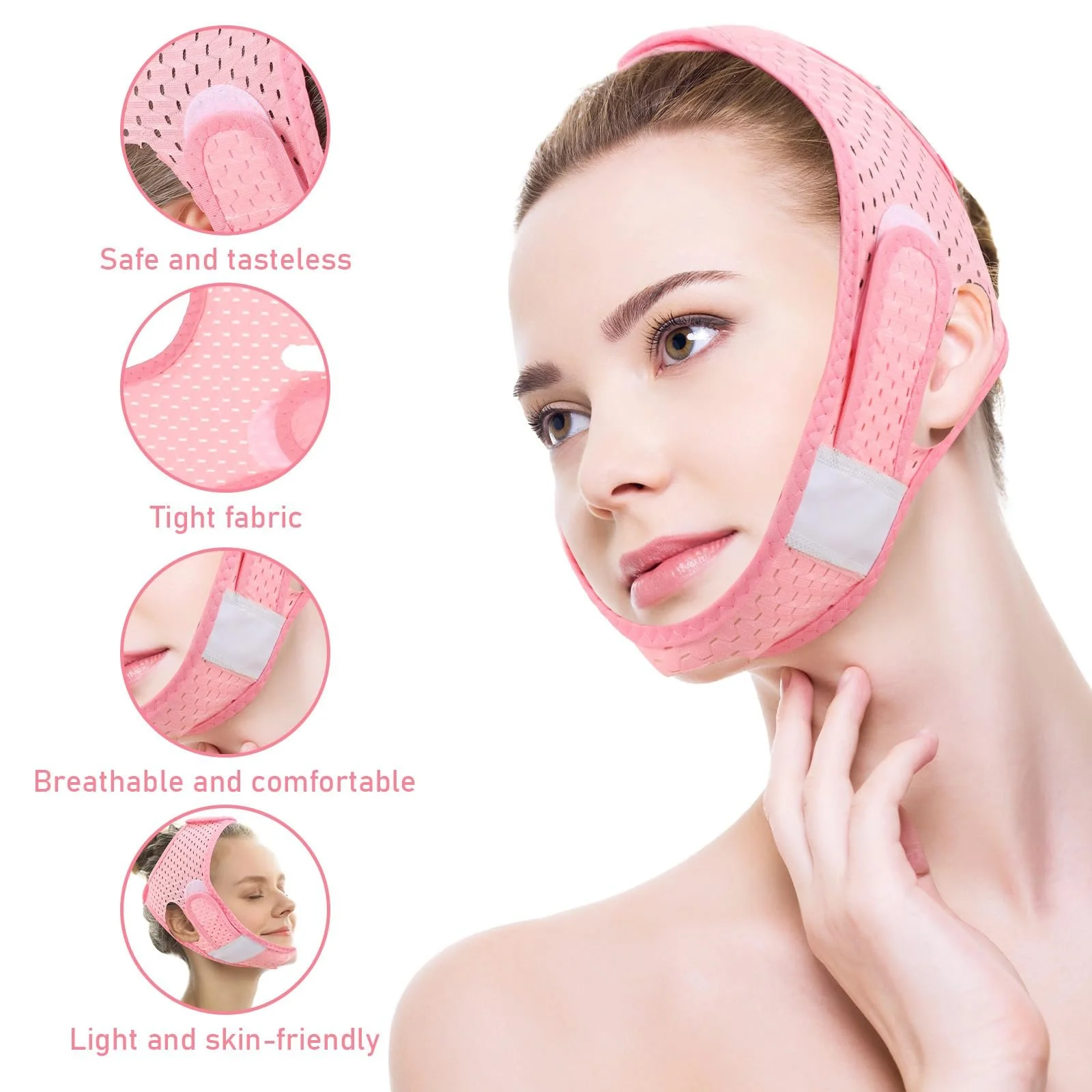 V-подібна маска TIESOME для підтяжки обличчя, рожева, поліестер, для зменшення подвійного підборіддя, фото №3
