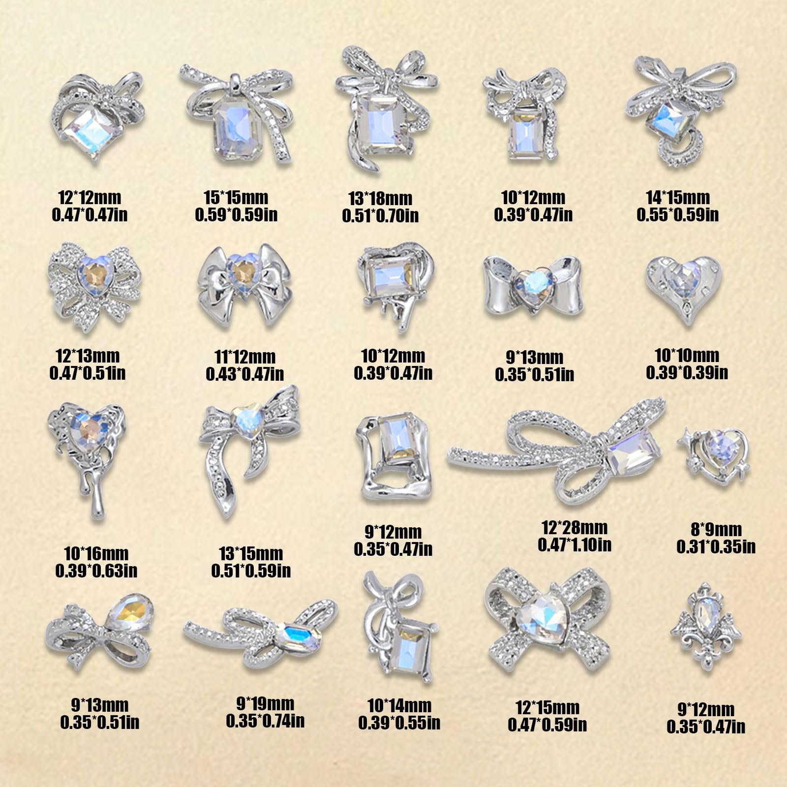 Стрази для нігтів Люкс, 40 шт, Металеві бантики, Сердечка, фото №2